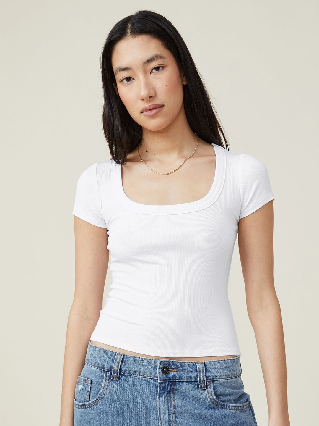 

HERE&NOW Women Solid Square Neck Cotton Top, White