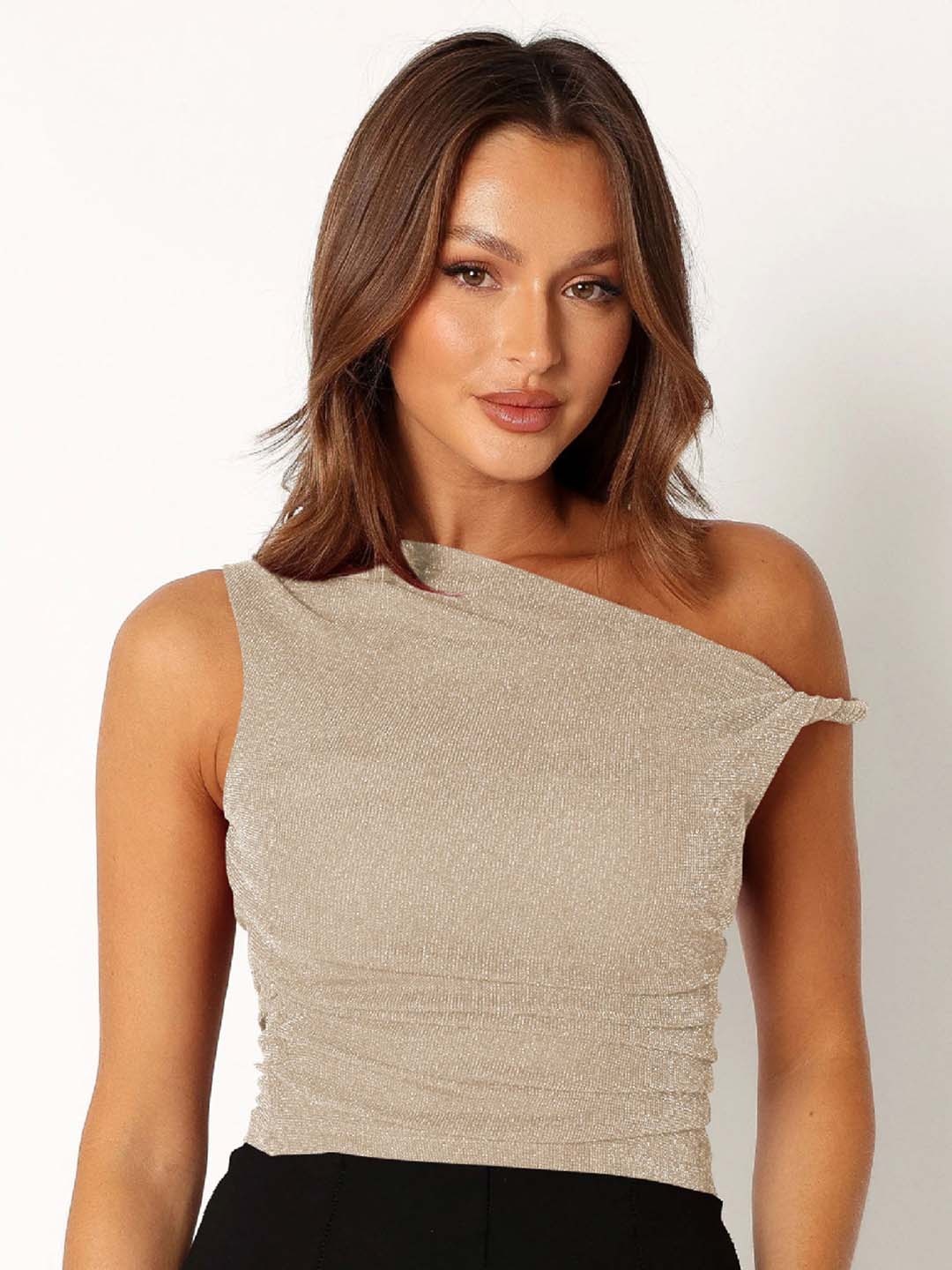 

HERE&NOW Women Shimmer Self Design One Shoulder Top, Beige