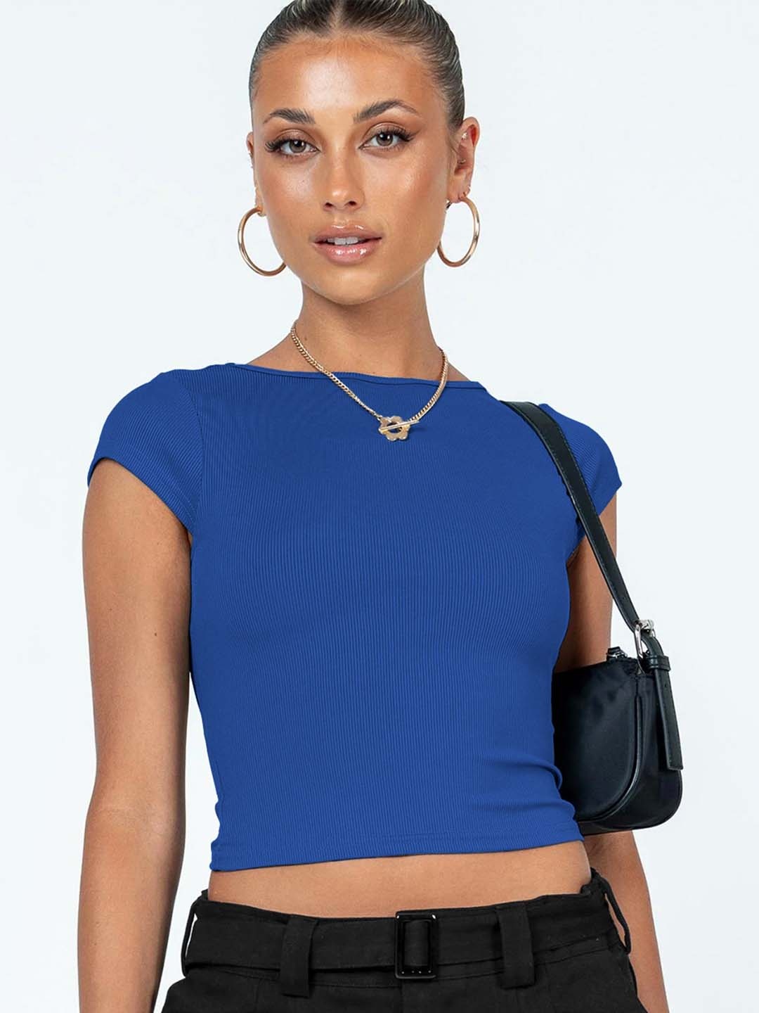 

HERE&NOW Women Solid Round Neck Nylon Top, Blue
