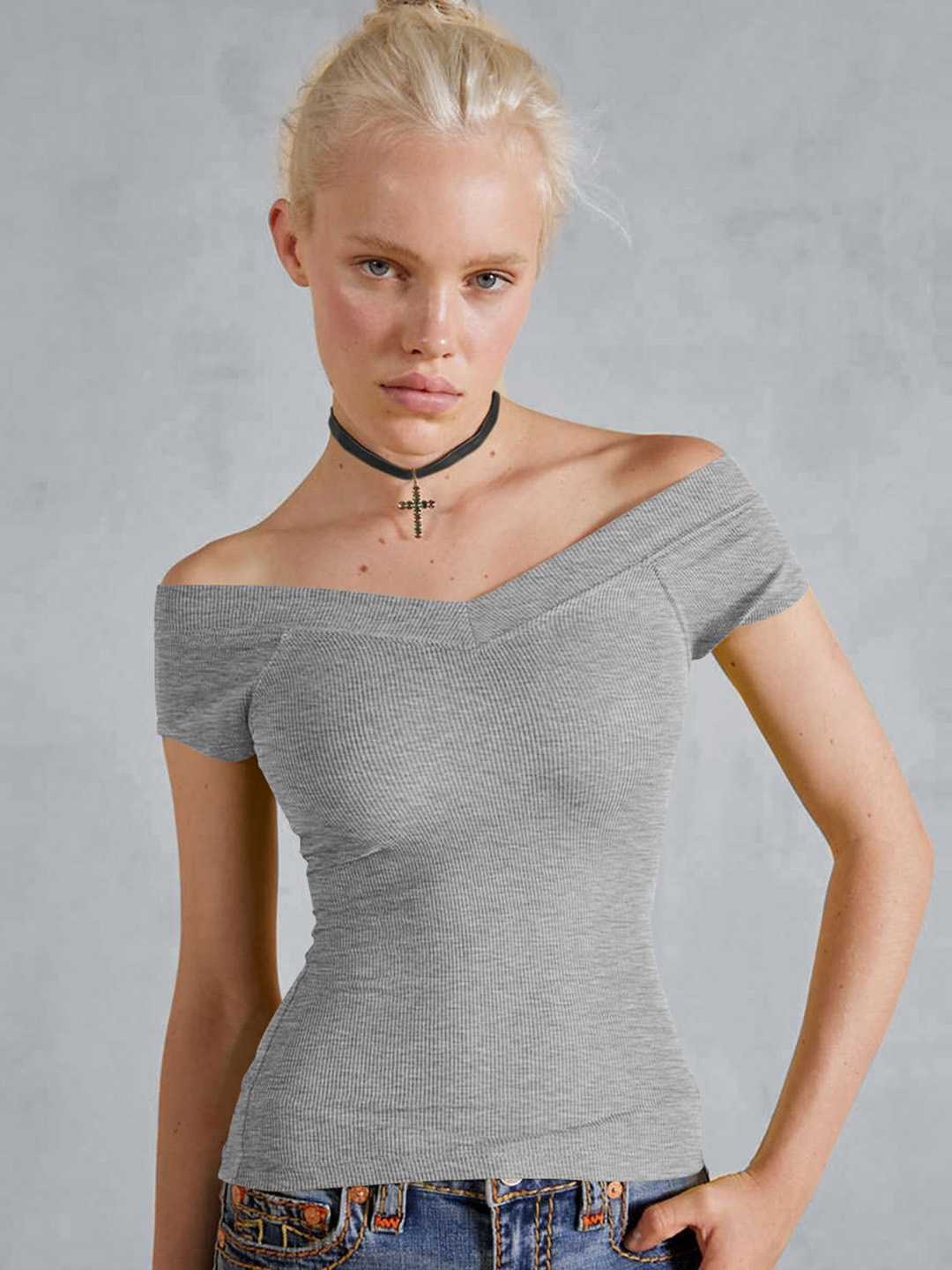 

HERE&NOW Women Solid Off-Shoulder Top, Grey