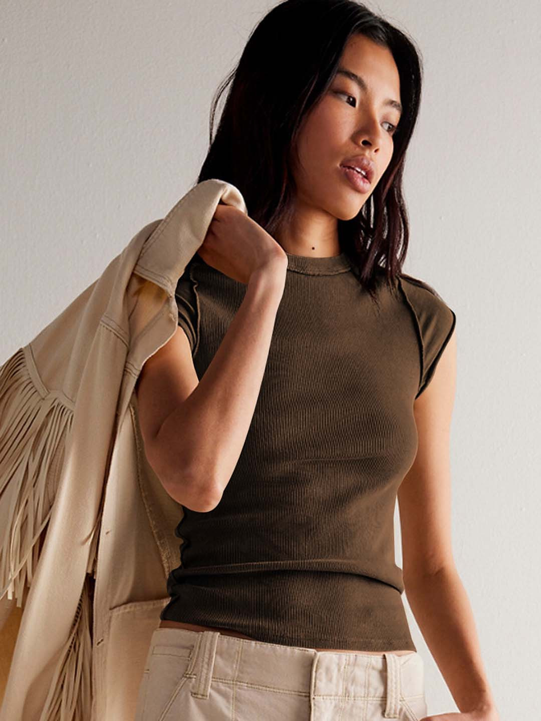 

HERE&NOW Women Solid Round Neck Top, Brown