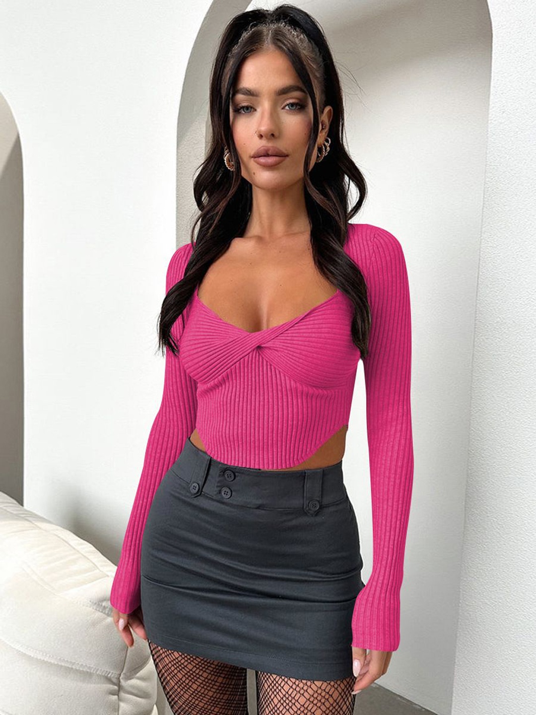 

HERE&NOW Women Self Design Sweetheart Neck Top, Pink