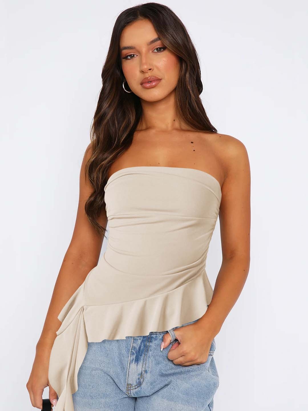 

HERE&NOW Women Solid Strapless Nylon Top, Beige