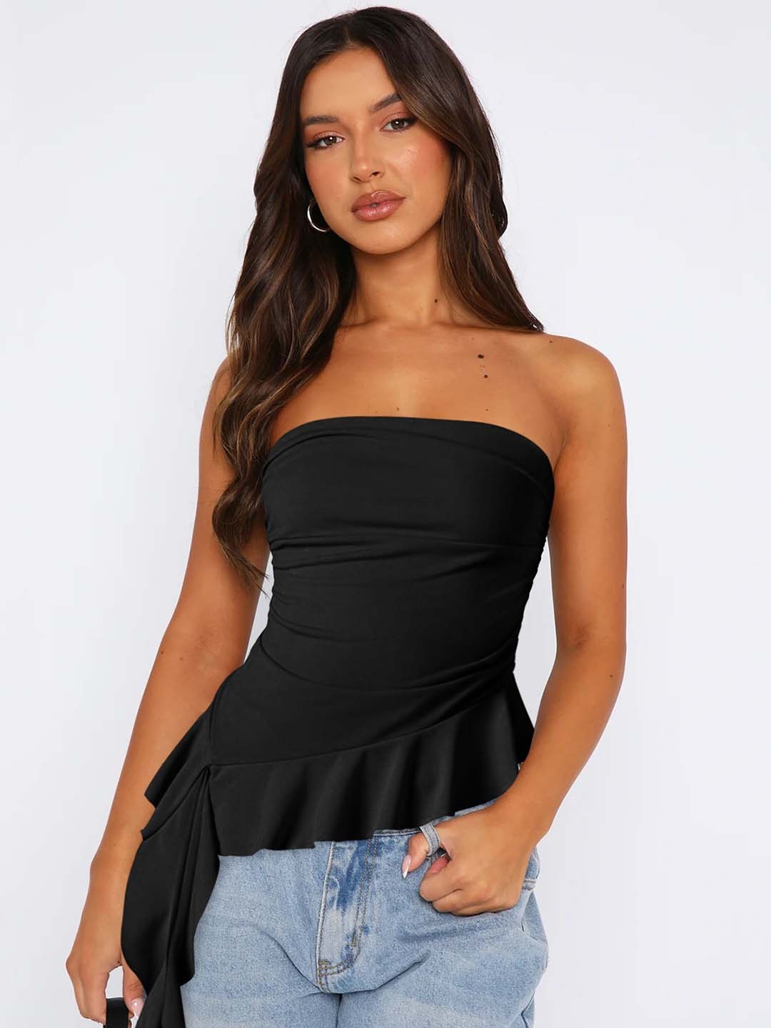 

HERE&NOW Women Solid Strapless Nylon Top, Black