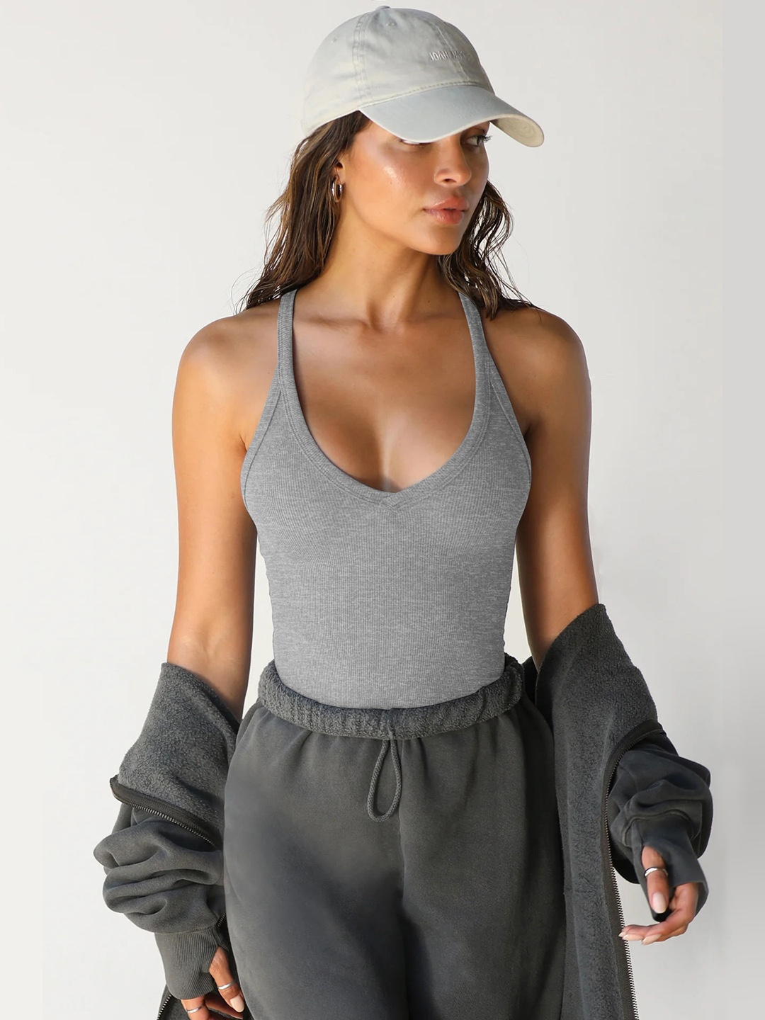 

HERE&NOW Women Solid Halter Neck Top, Grey