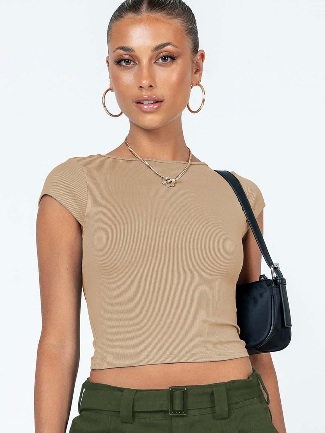 

HERE&NOW Women Solid Boat Neck Nylon Top, Beige