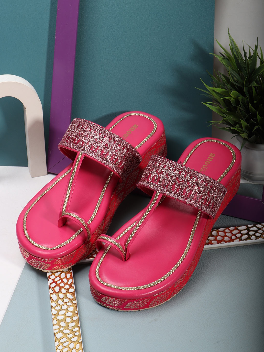 

Anouk Women Embellished Wedge Heels Sandals, Fuchsia