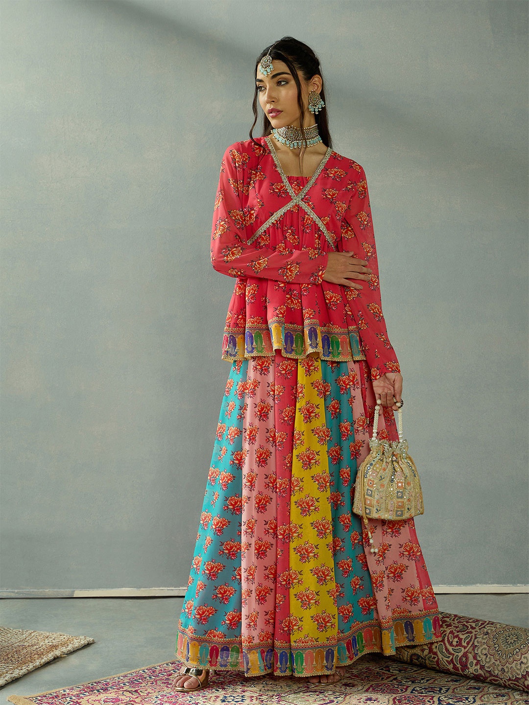 

Shae by SASSAFRAS Printed Slip-On Long Sleeves Ready to Wear Lehenga Choli, Red