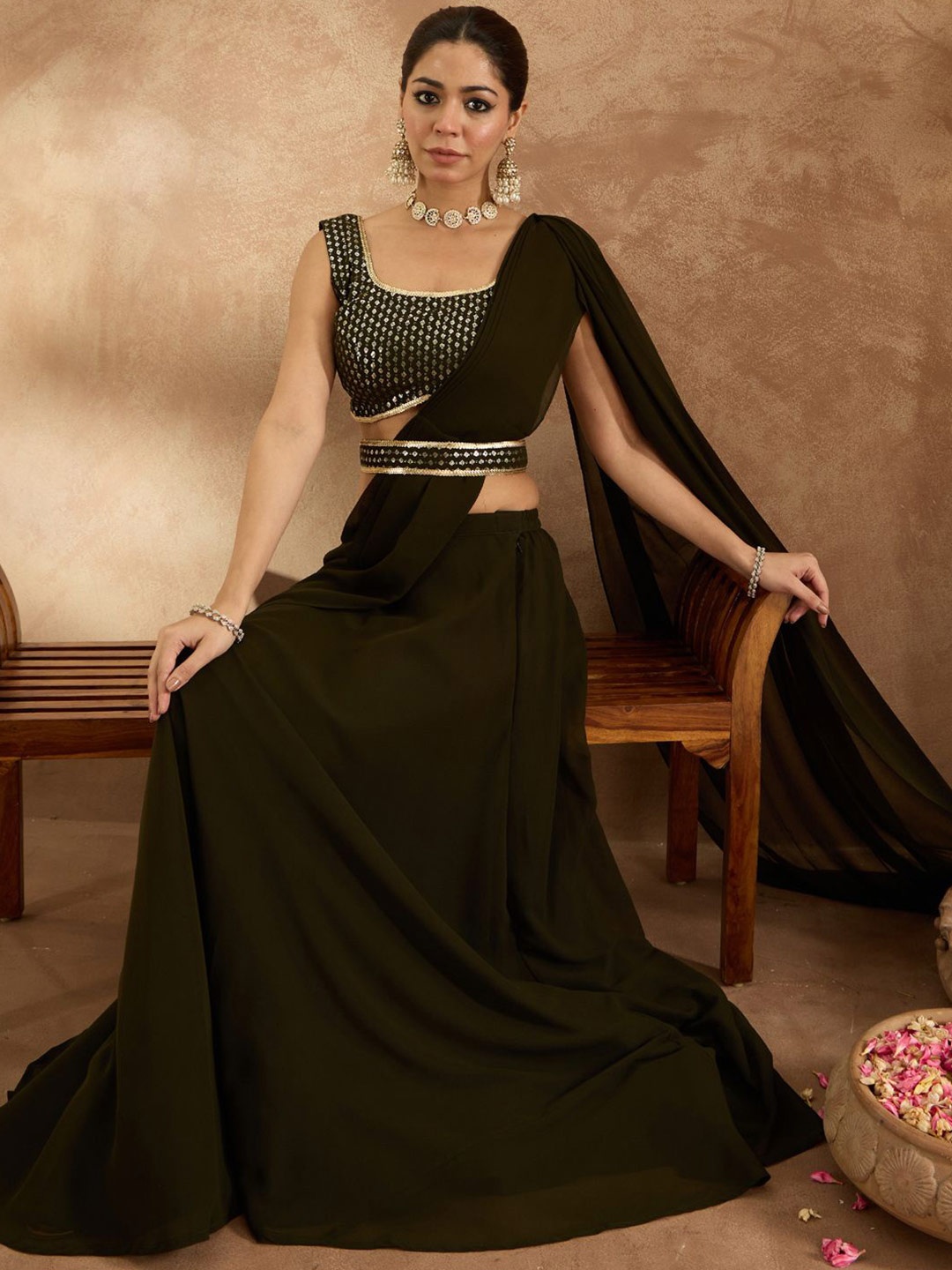 

Indo Era Embellished Sequinned Ready to Wear Lehenga & Blouse With Dupatta, Green