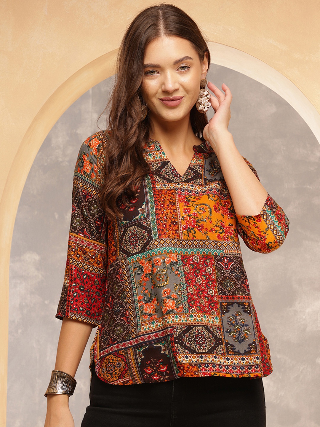 

Anouk Rustic Women Ethnic Motifs Printed V-Neck Top, Brown