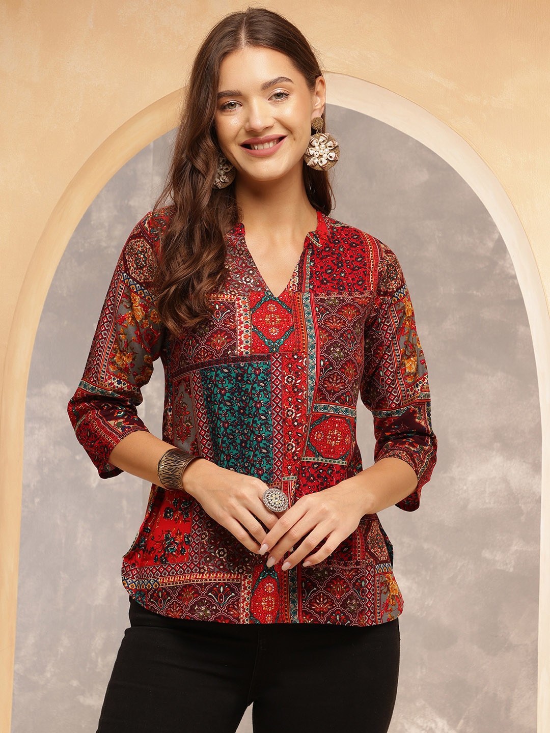 

Anouk Rustic Women Ethnic Motifs Printed V-Neck Top, Maroon