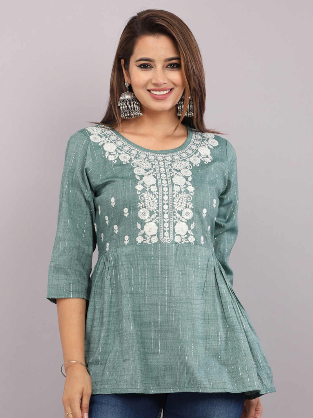 

Mehsoos Women Ethnic Motifs Printed Round Neck Cotton Top, Green