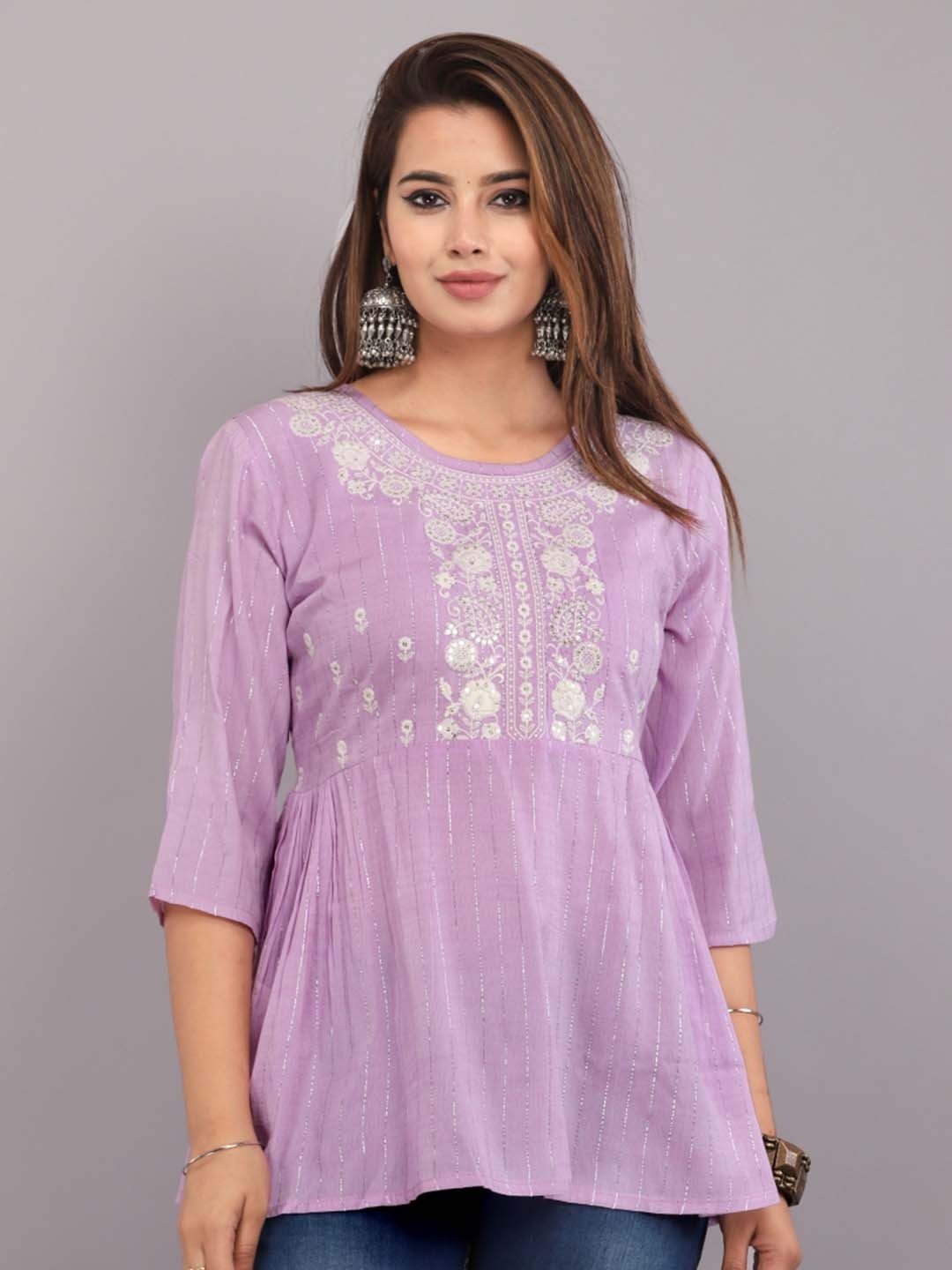 

Mehsoos Women Floral Embroidered Round Neck Cotton Top, Purple