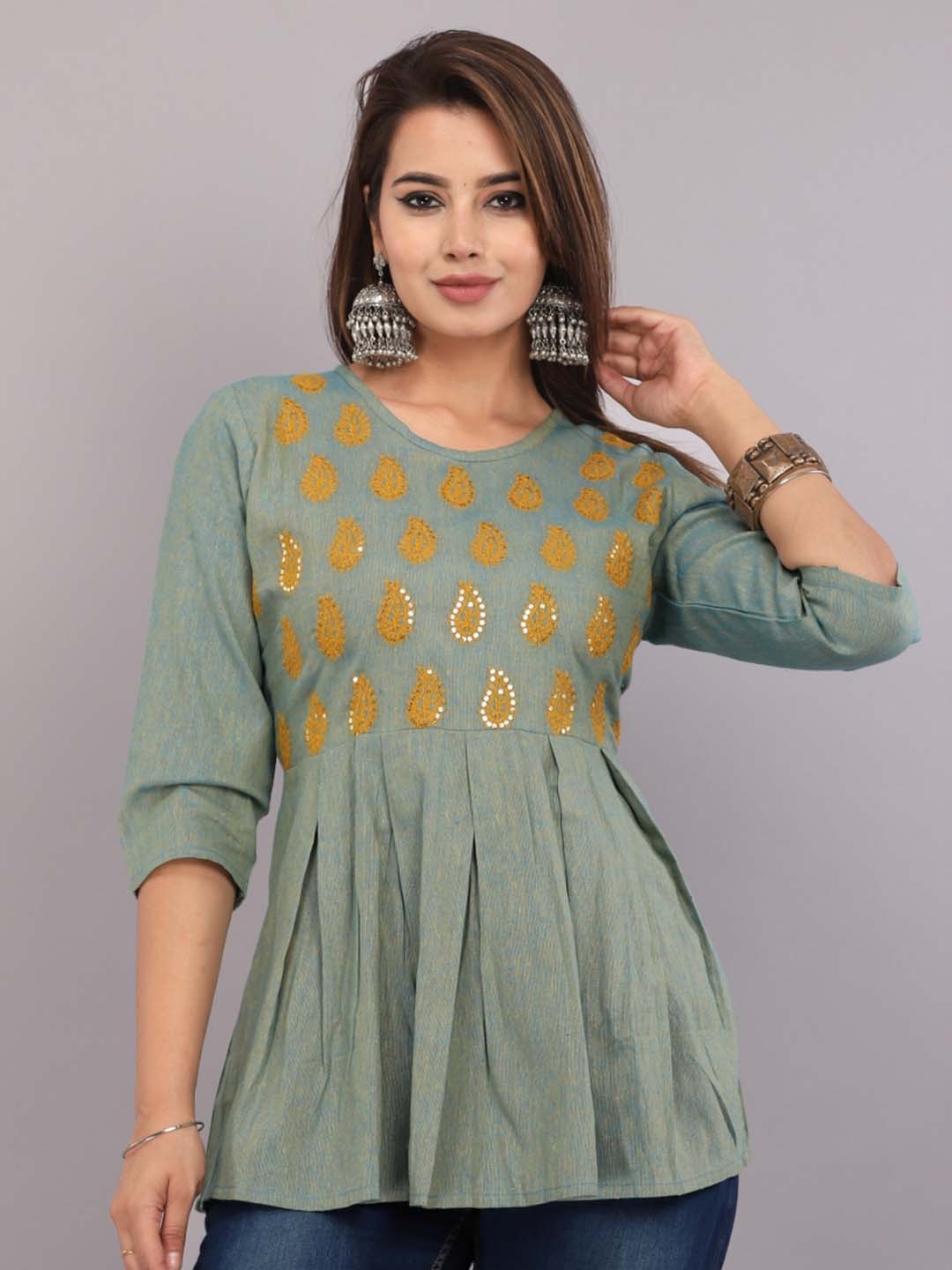 

Mehsoos Women Ethnic Motifs Printed Round Neck Cotton Top, Lime green