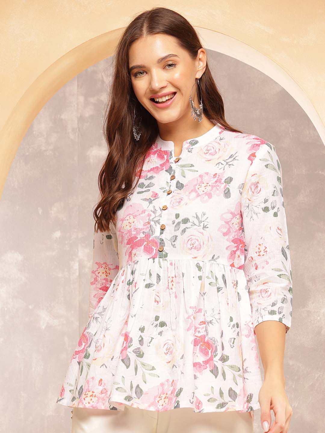 

Anouk Rustic Women Floral Printed Mandarin Collar Cotton Top, White