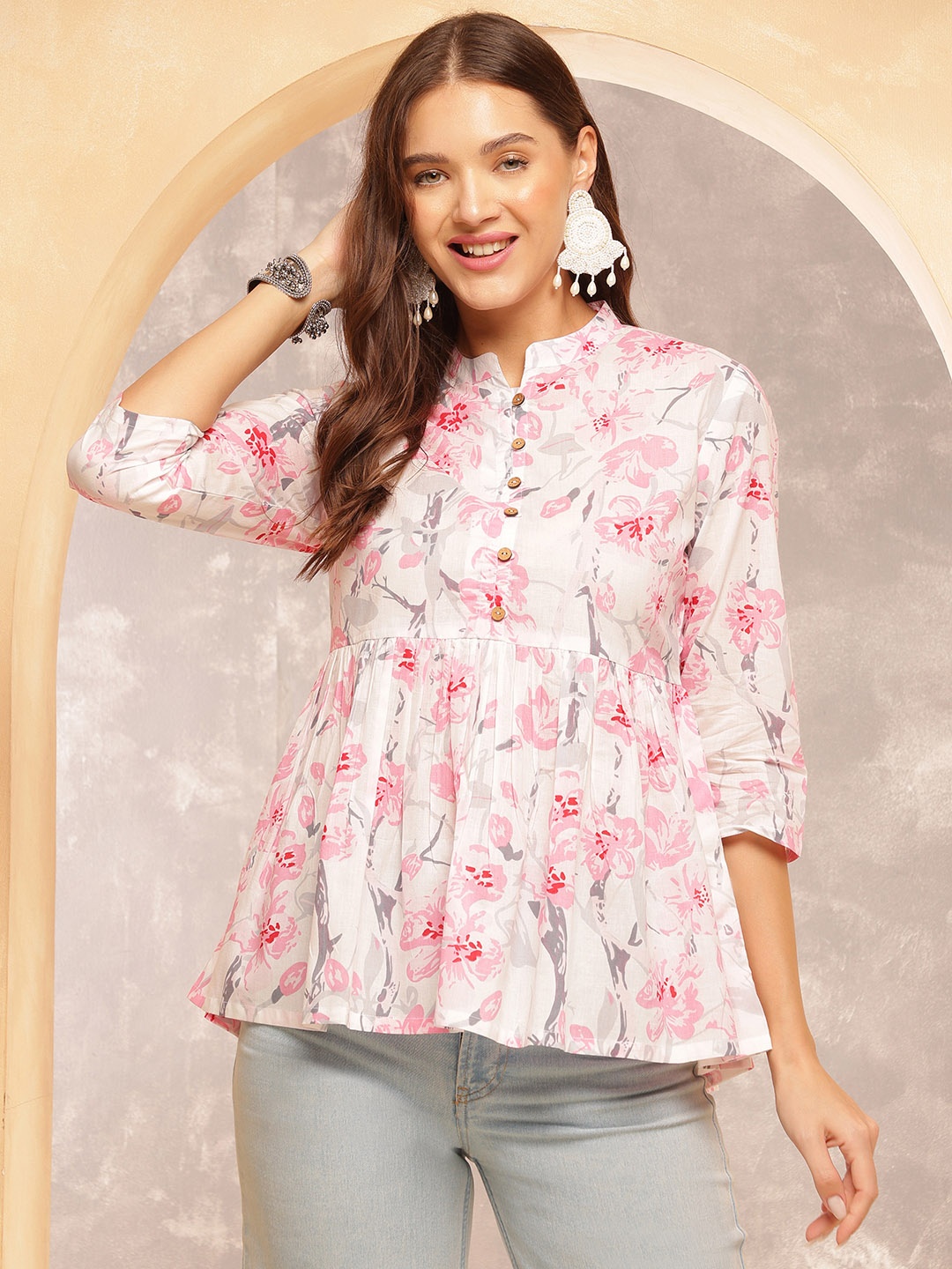

Anouk Rustic Women Floral Printed Mandarin Collar Cotton Top, Off white