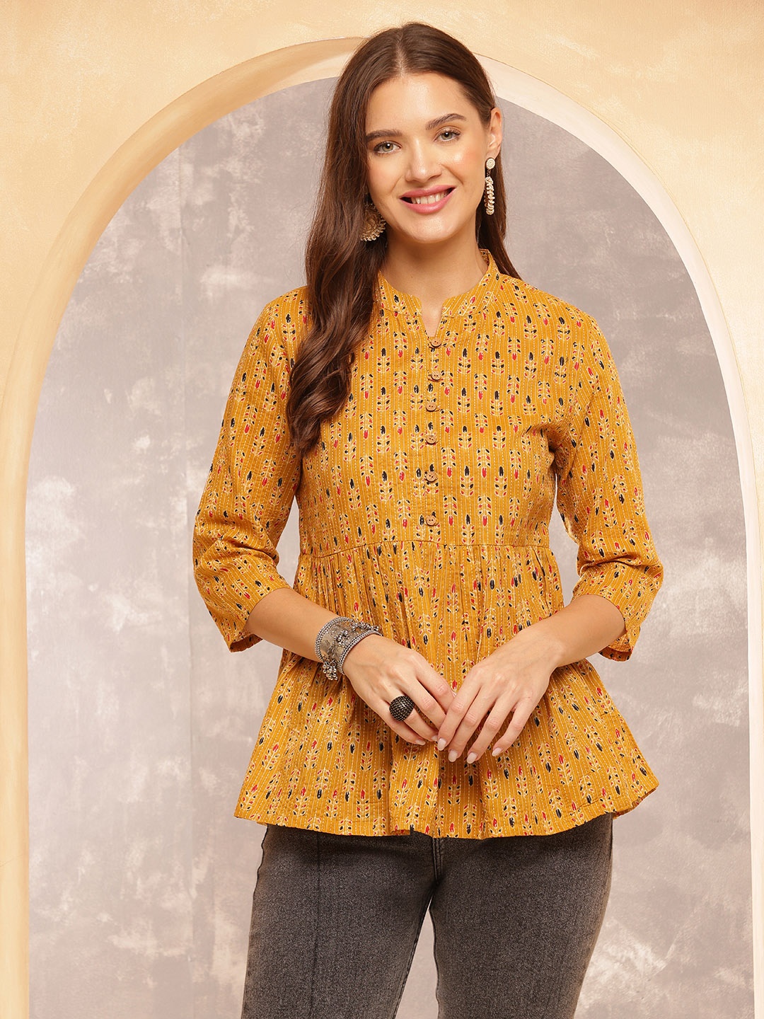 

Anouk Rustic Women Floral Printed Mandarin Collar Cotton Top, Mustard