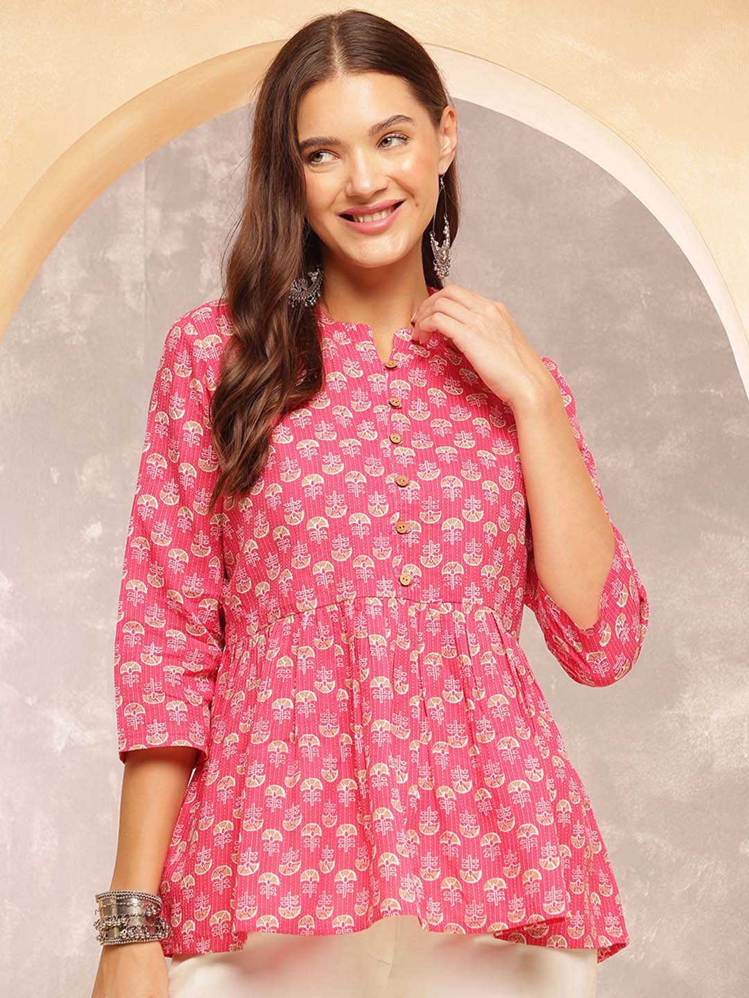 

Anouk Rustic Women Ethnic Motifs Printed Mandarin Collar Cotton Top, Pink