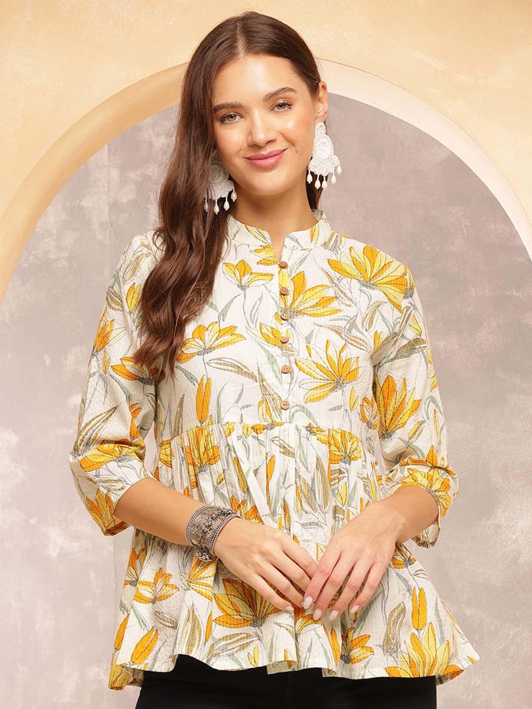 

Anouk Rustic Women Floral Print Mandarin Collar Pure Cotton A-Line Top, Off white