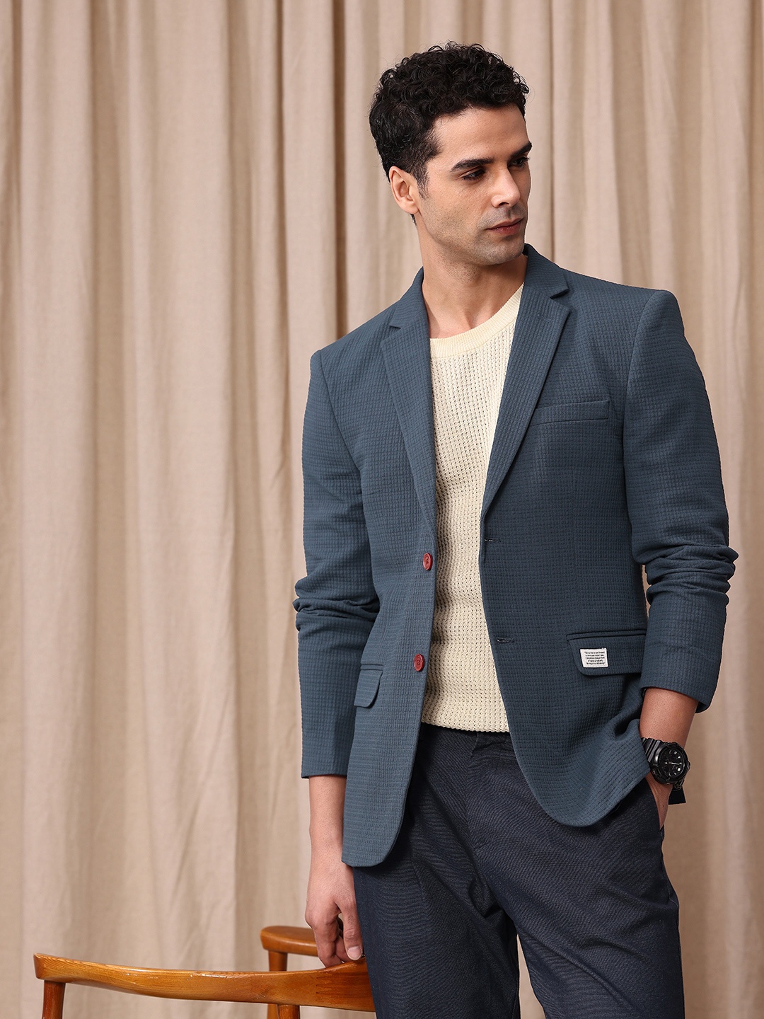

Mr.Bowerbird Self Design Textured Tailored Fit Single Breasted Casual Blazer, Blue