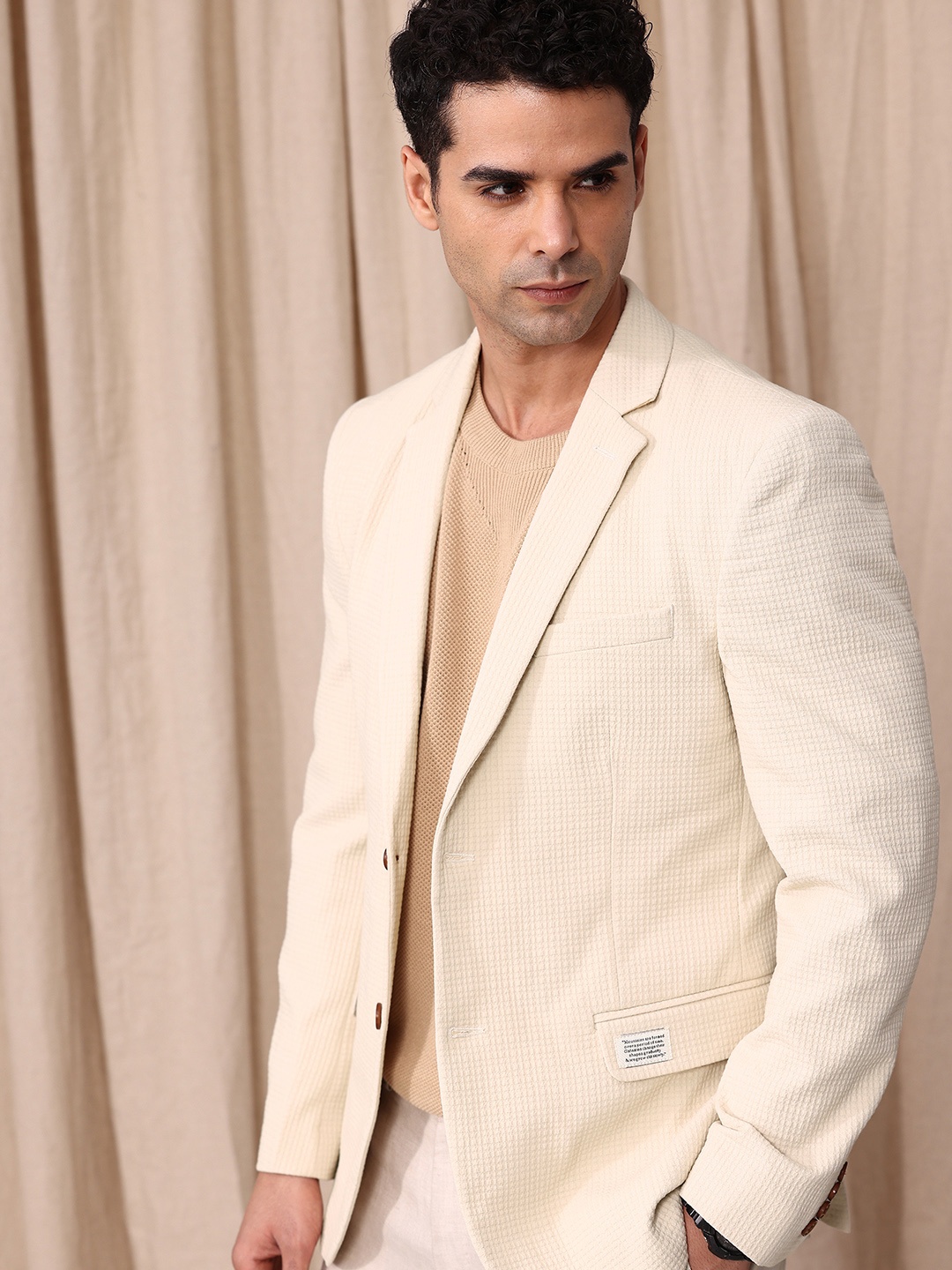 

Mr.Bowerbird Self Design Textured Tailored Fit Single Breasted Casual Blazer, Cream