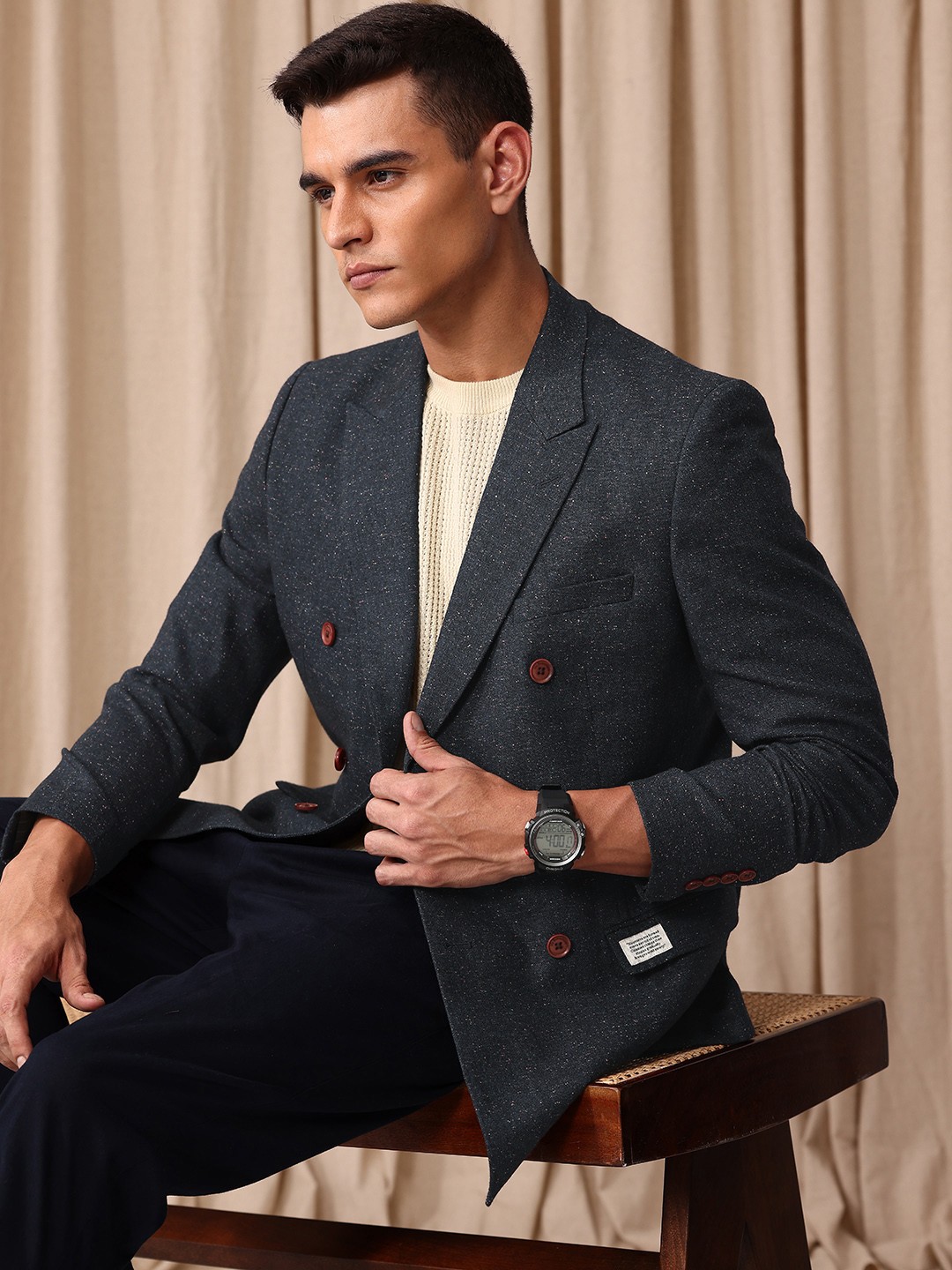 

Mr Bowerbird Self Design Tailored Fit Double Breasted Casual Blazer, Blue