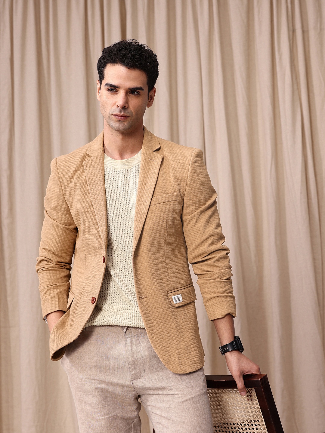 

Mr Bowerbird Seersucker Self Design Notched Lapel Casual Blazer, Brown