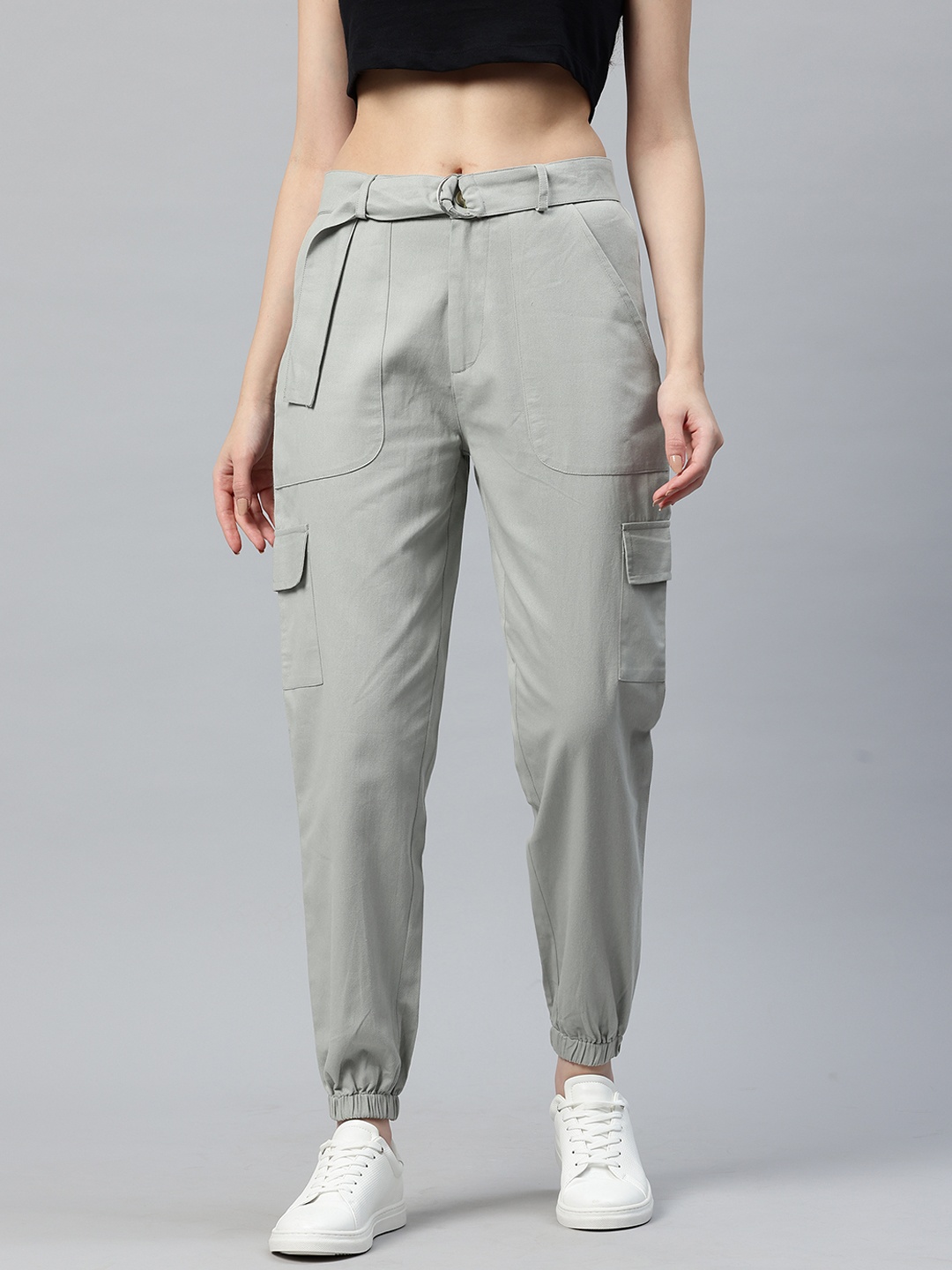 

Popnetic High-Rise Pure Cotton Cargo Trousers, Grey
