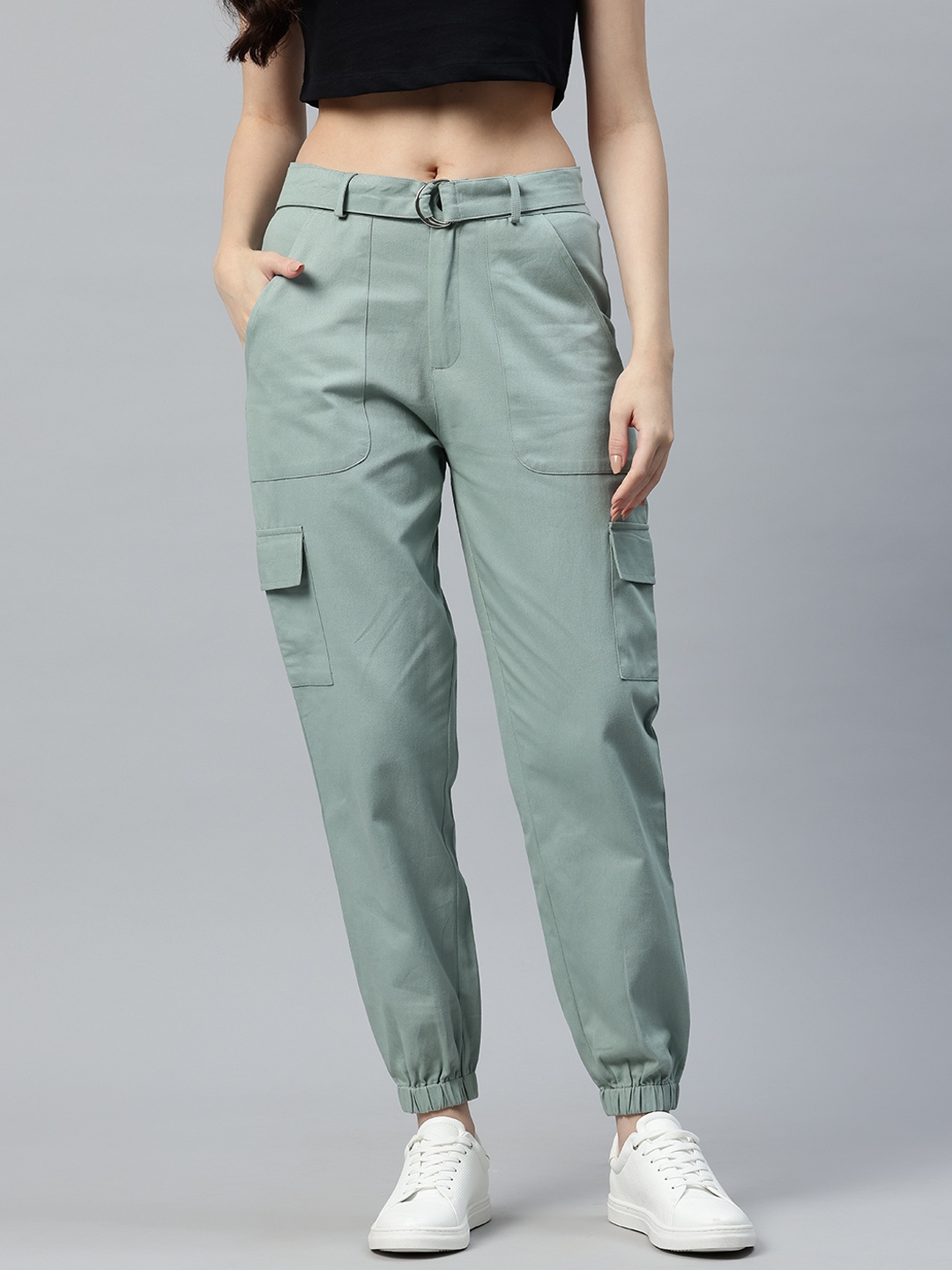 

Popnetic High-Rise Pure Cotton Cargo Trousers, Sea green