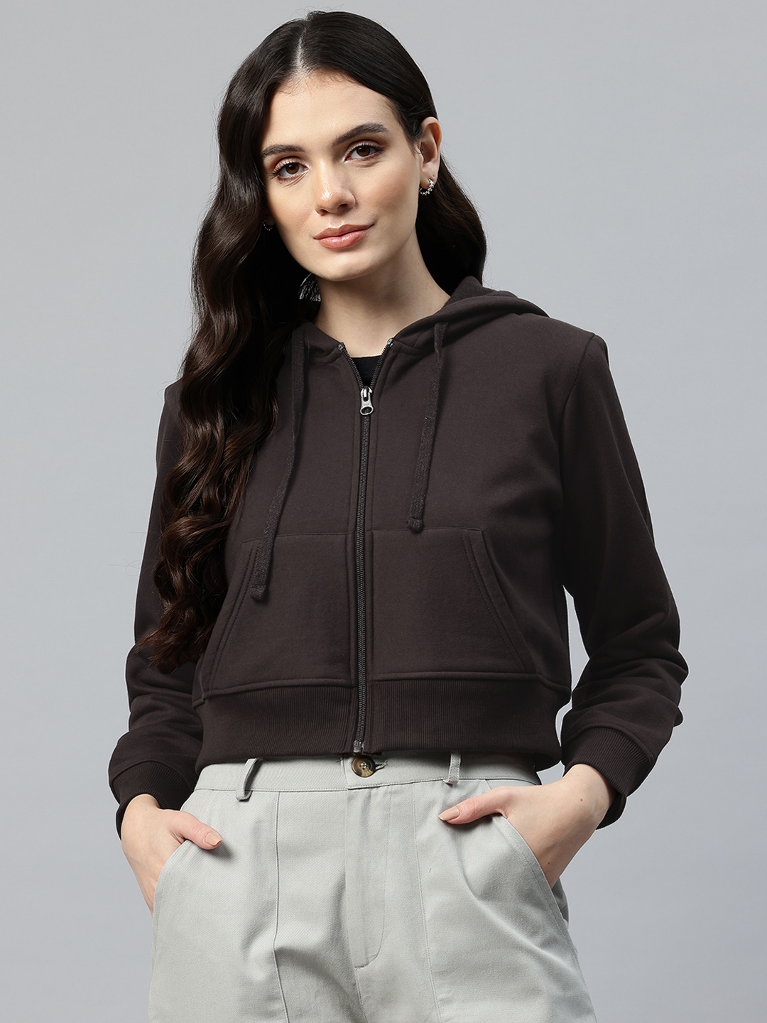 

Popnetic Crop Fleece Hooded Sweatshirt, Brown