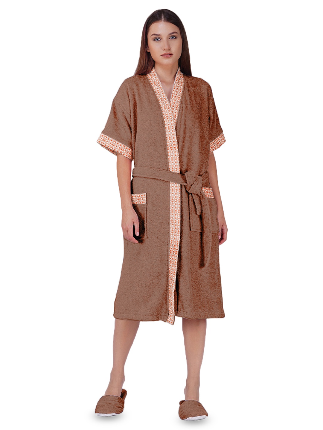 

RANGOLI Brown Printed Pure Cotton 420 GSM BathRobe