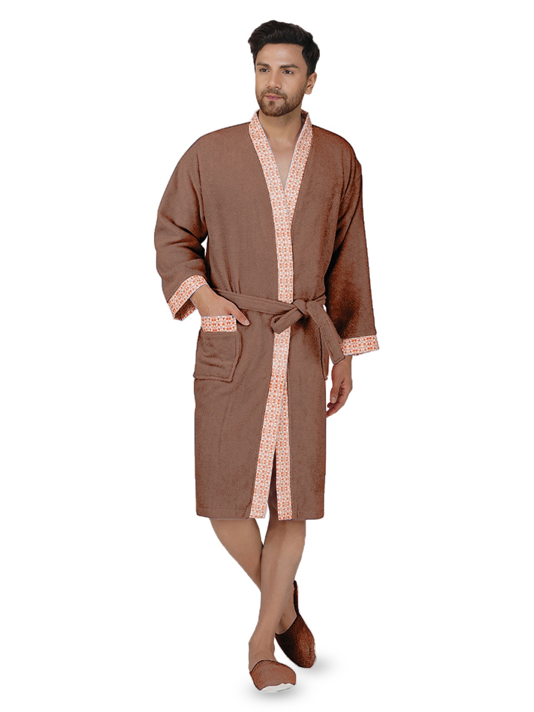 

RANGOLI Printed Pure Cotton 420 GSM Bath Robe, Brown