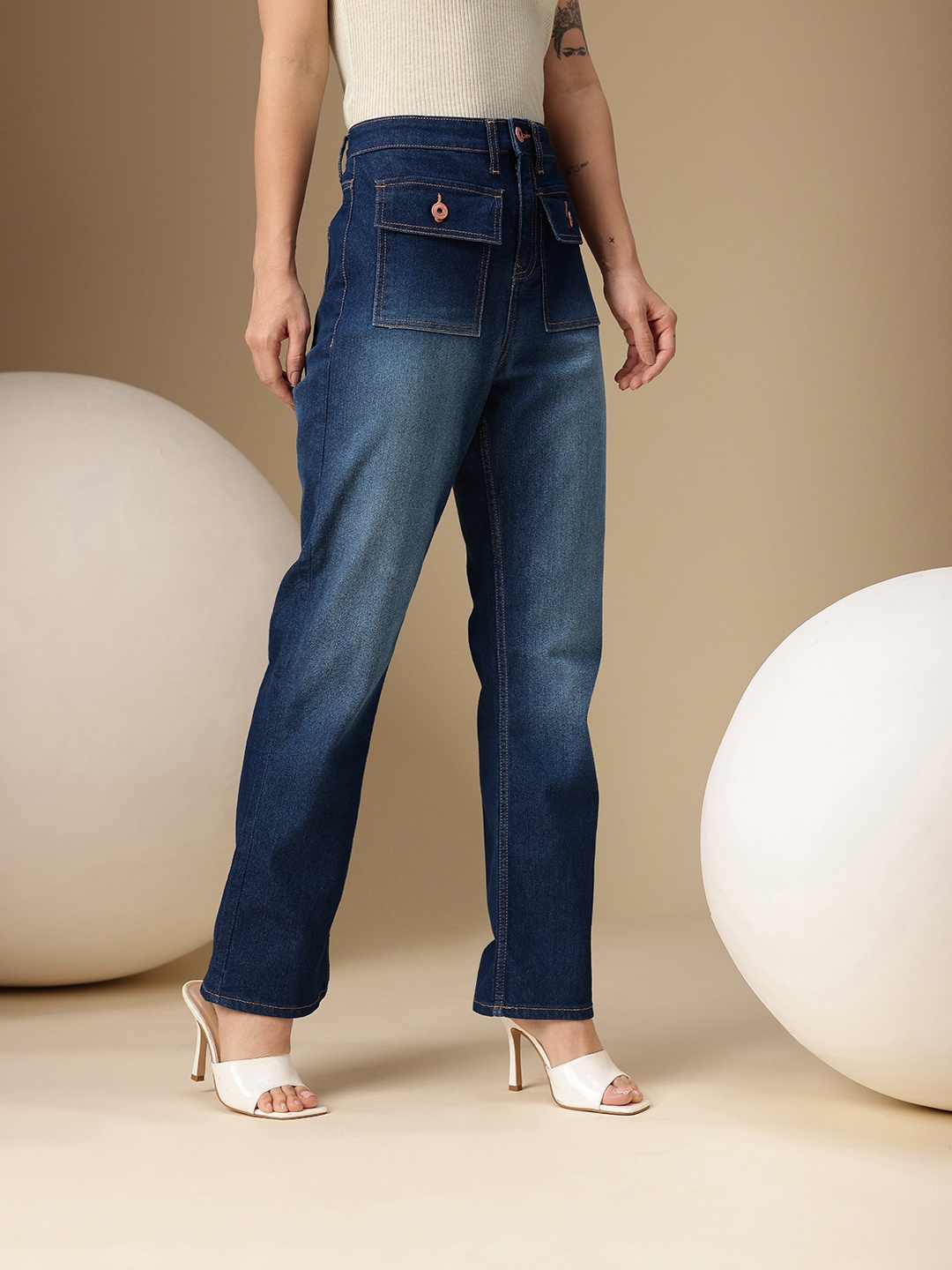

Chemistry Women Straight Fit High-Rise Heavy Fade Stretchable Jeans, Navy blue
