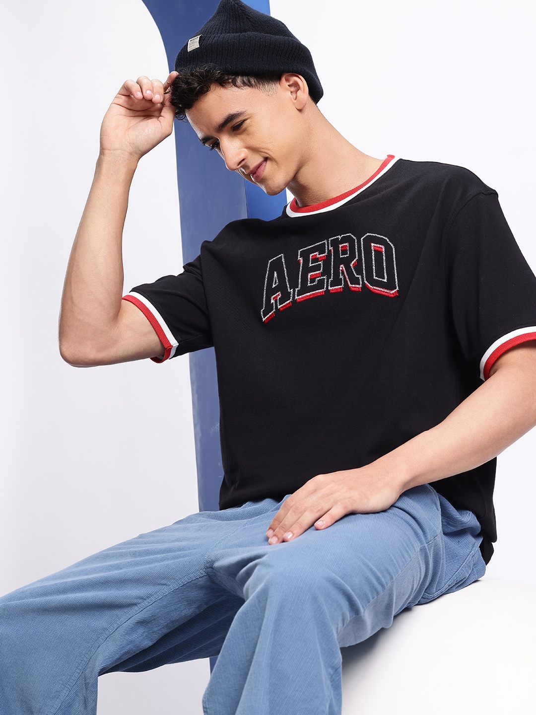 

Aeropostale Brand Logo Embroidered Drop-Shoulder Sleeves Relaxed Fit Pure Cotton T-shirt, Black