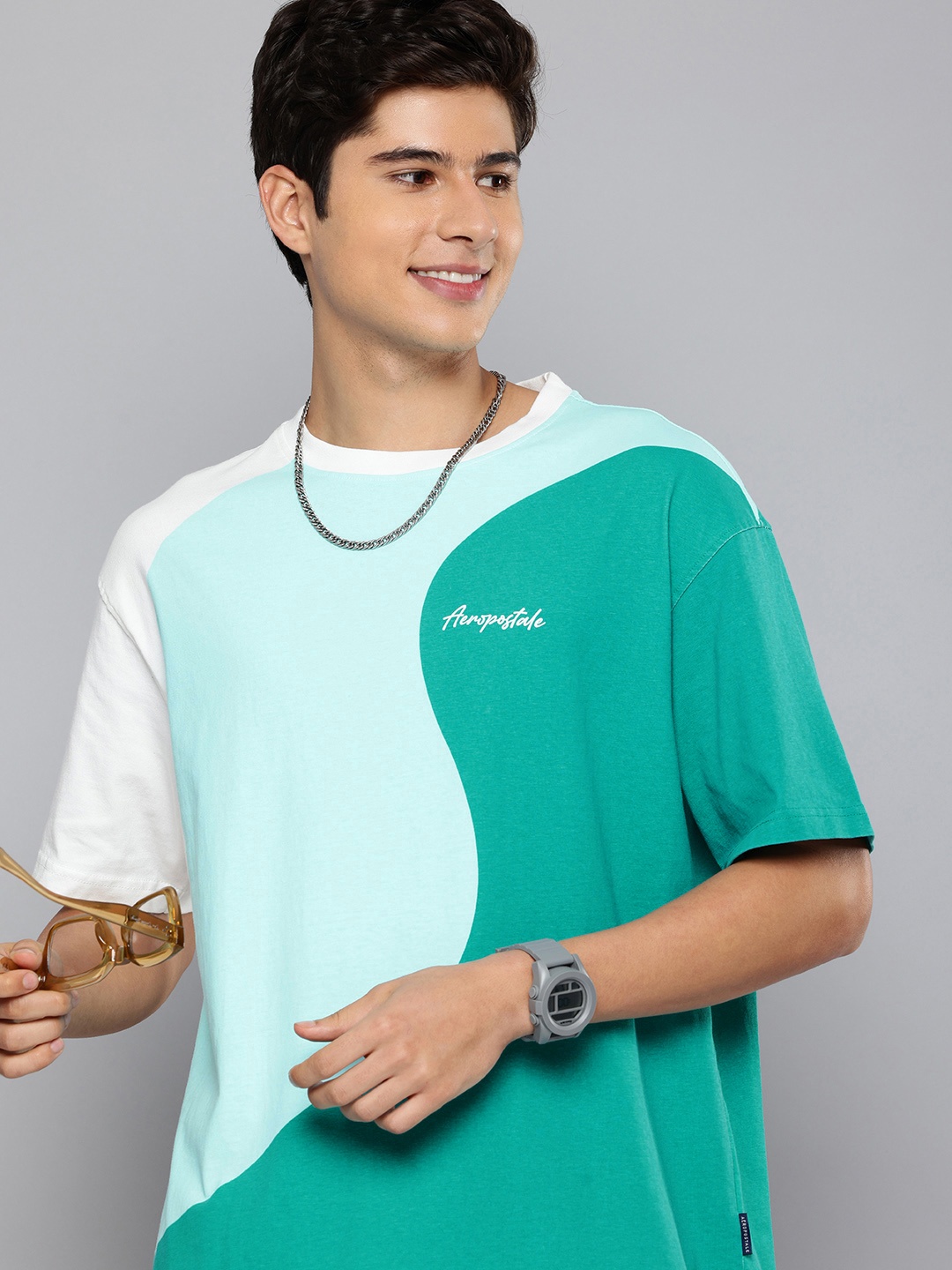 

Aeropostale Colourblocked Drop-Shoulder Sleeves Pure Cotton T-shirt, Blue