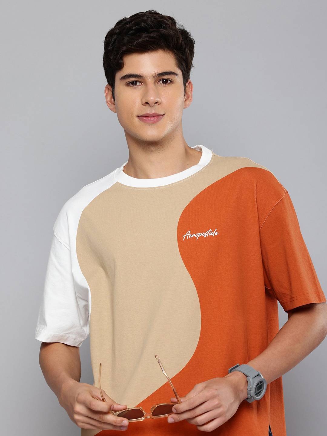 

Aeropostale Colourblocked Drop-Shoulder Sleeves Pure Cotton T-shirt, Rust