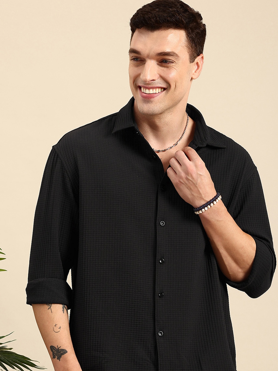 

Mast & Harbour Relaxed Fit Self Checked Drop-Shoulder Sleeves Casual Shirt, Black