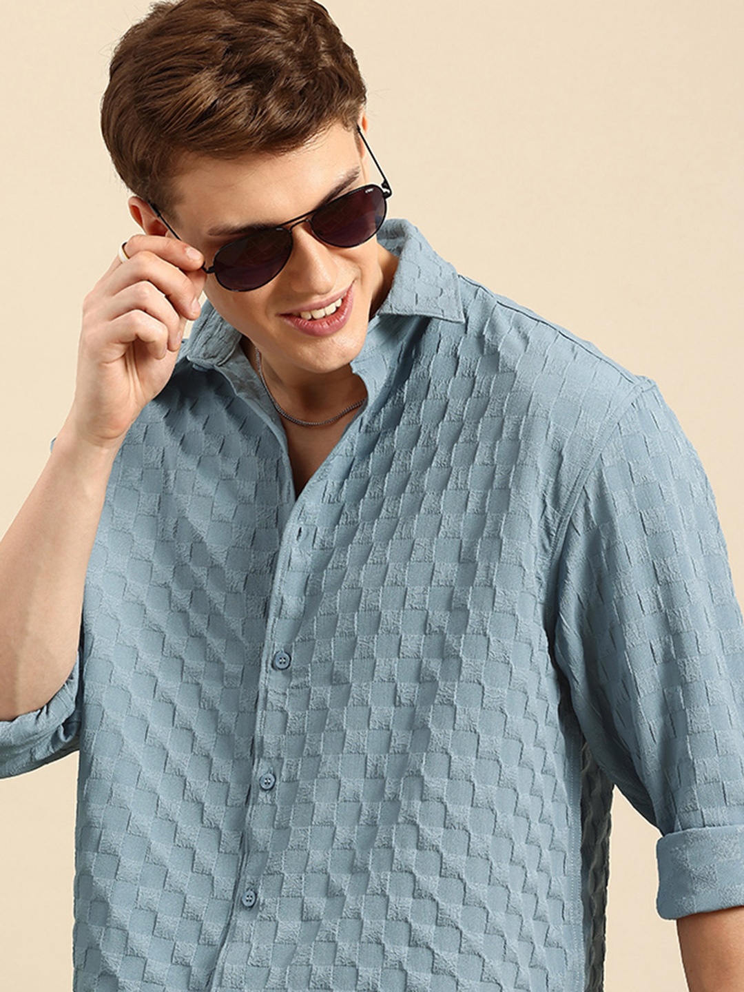 

Mast & Harbour Relaxed Fit Self Checked Drop-Shoulder Sleeves Casual Shirt, Blue