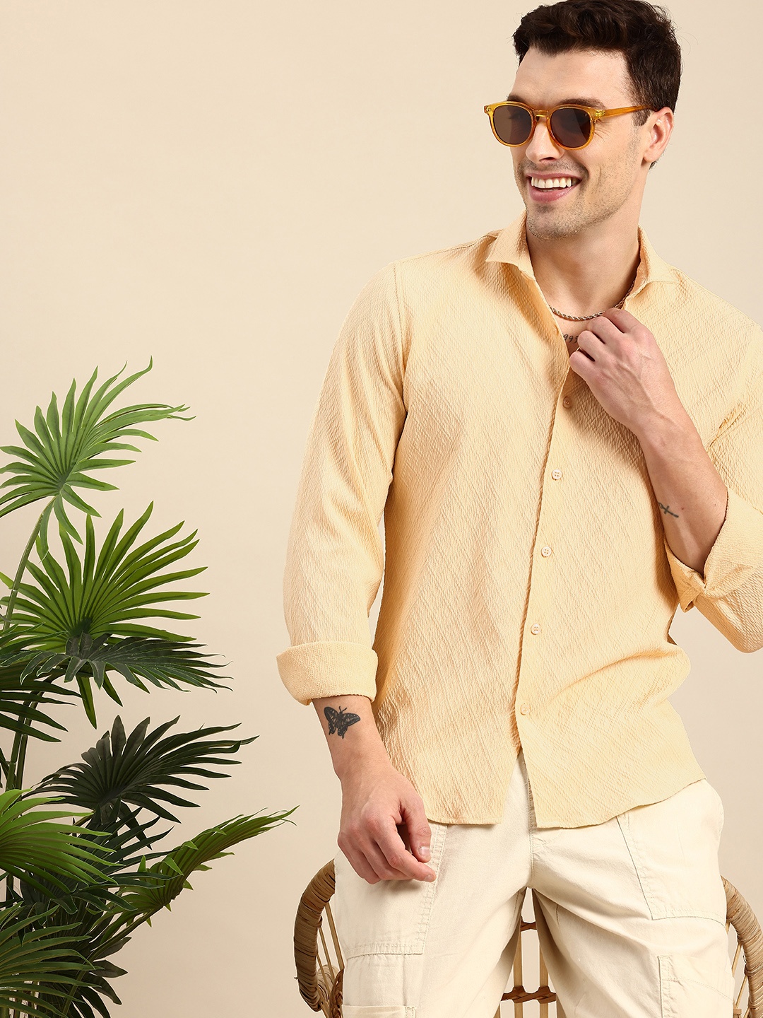 

Mast & Harbour Self Design Opaque Casual Shirt, Yellow