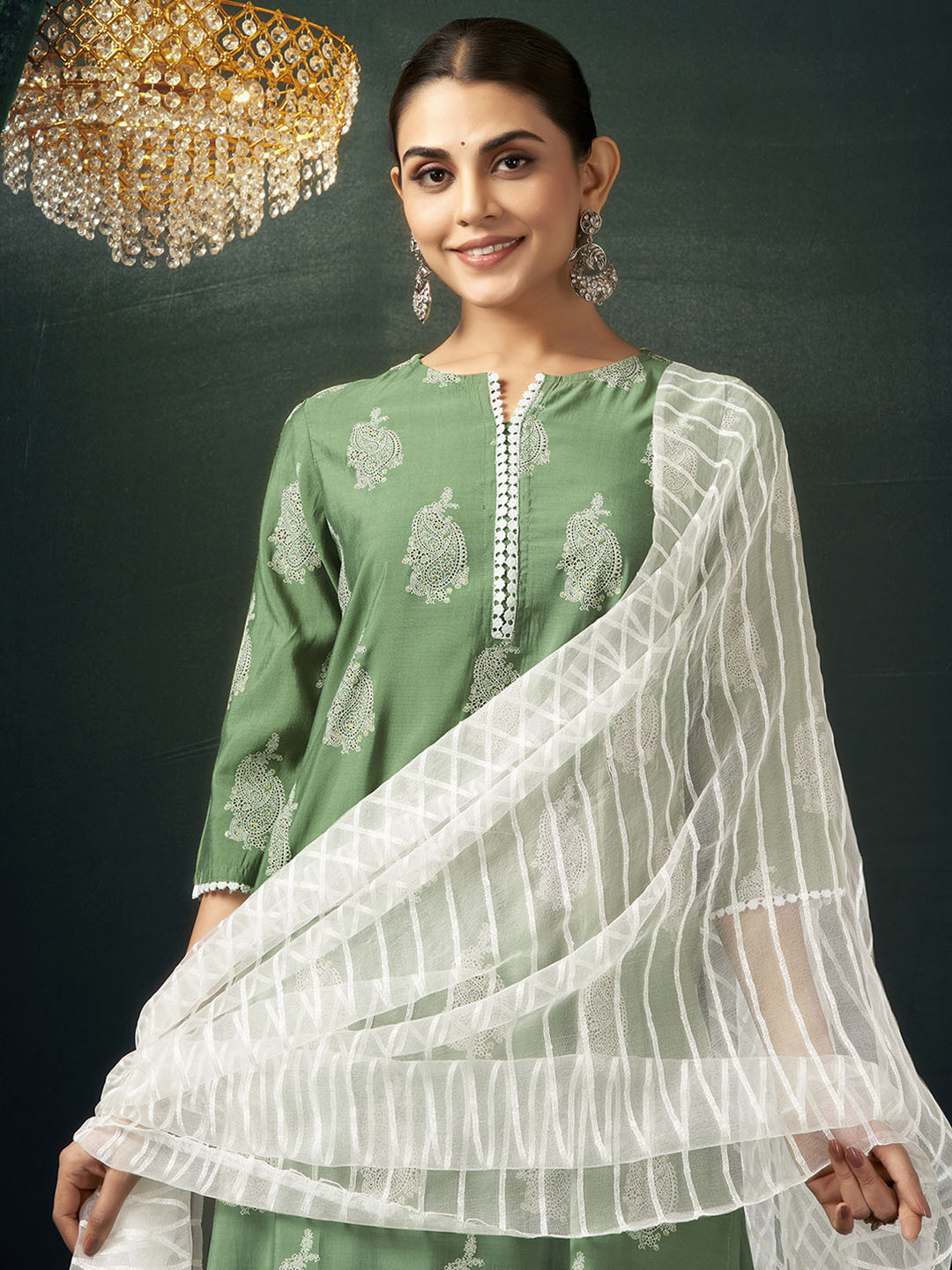 

KALINI Women Ethnic Motifs Printed Regular Thread Work Kurta with Trousers & With Dupatta, Green