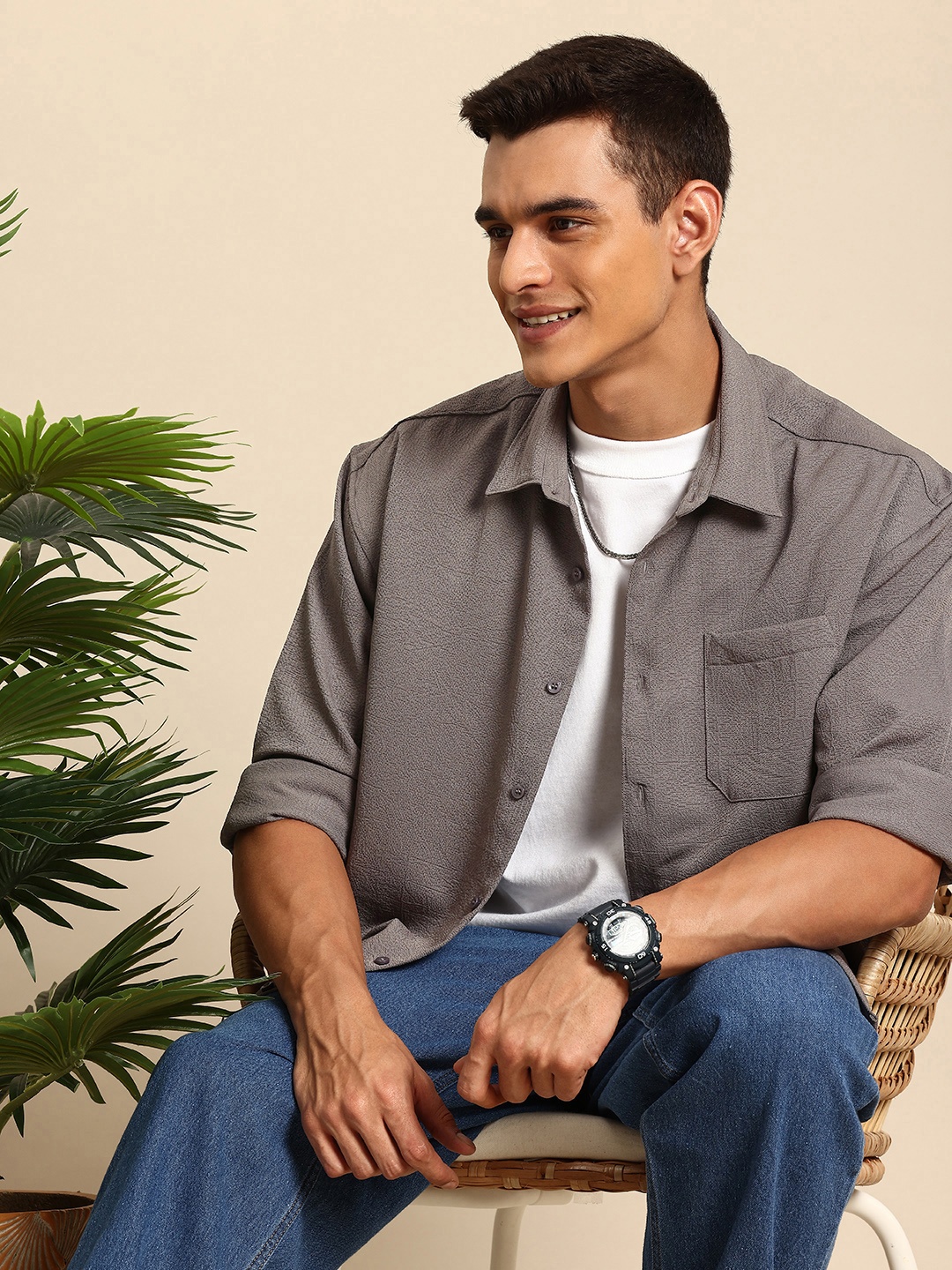 

Mast & Harbour Textured Drop-Shoulder Sleeves Oversized Casual Shirt, Taupe