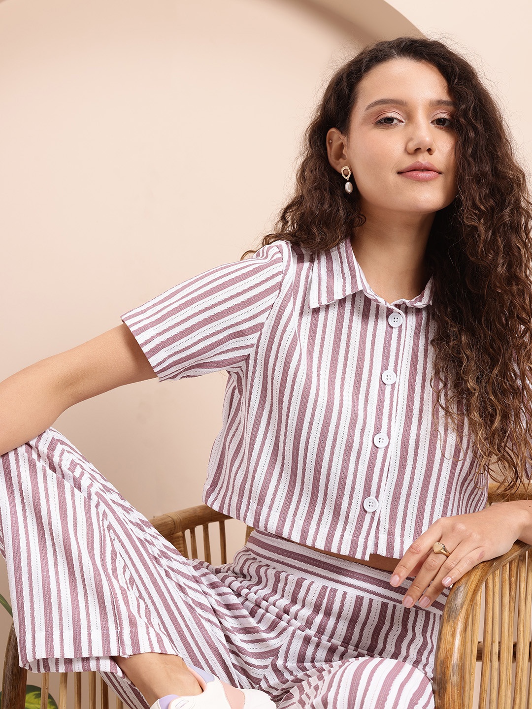 

Mast & Harbour Self-Striped Shirt With Trousers Co-Ord Set, Pink