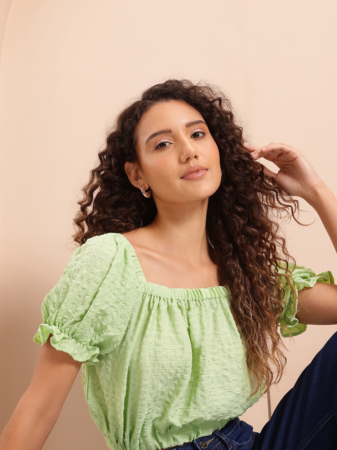 

Mast & Harbour Bubble Textured Blouson Crop Top, Green