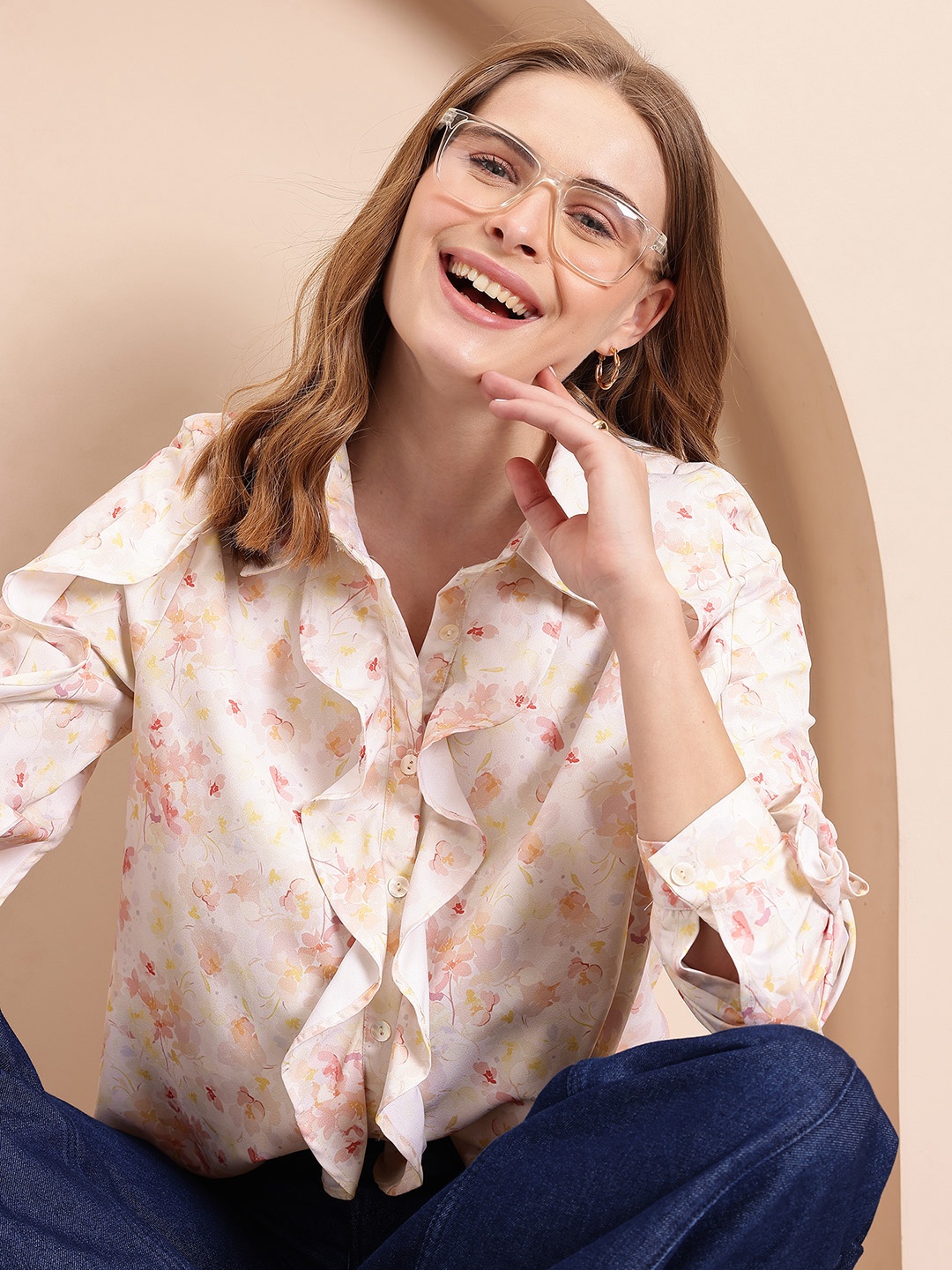 

Mast & Harbour Floral Print Ruffled Shirt Style Top, Cream