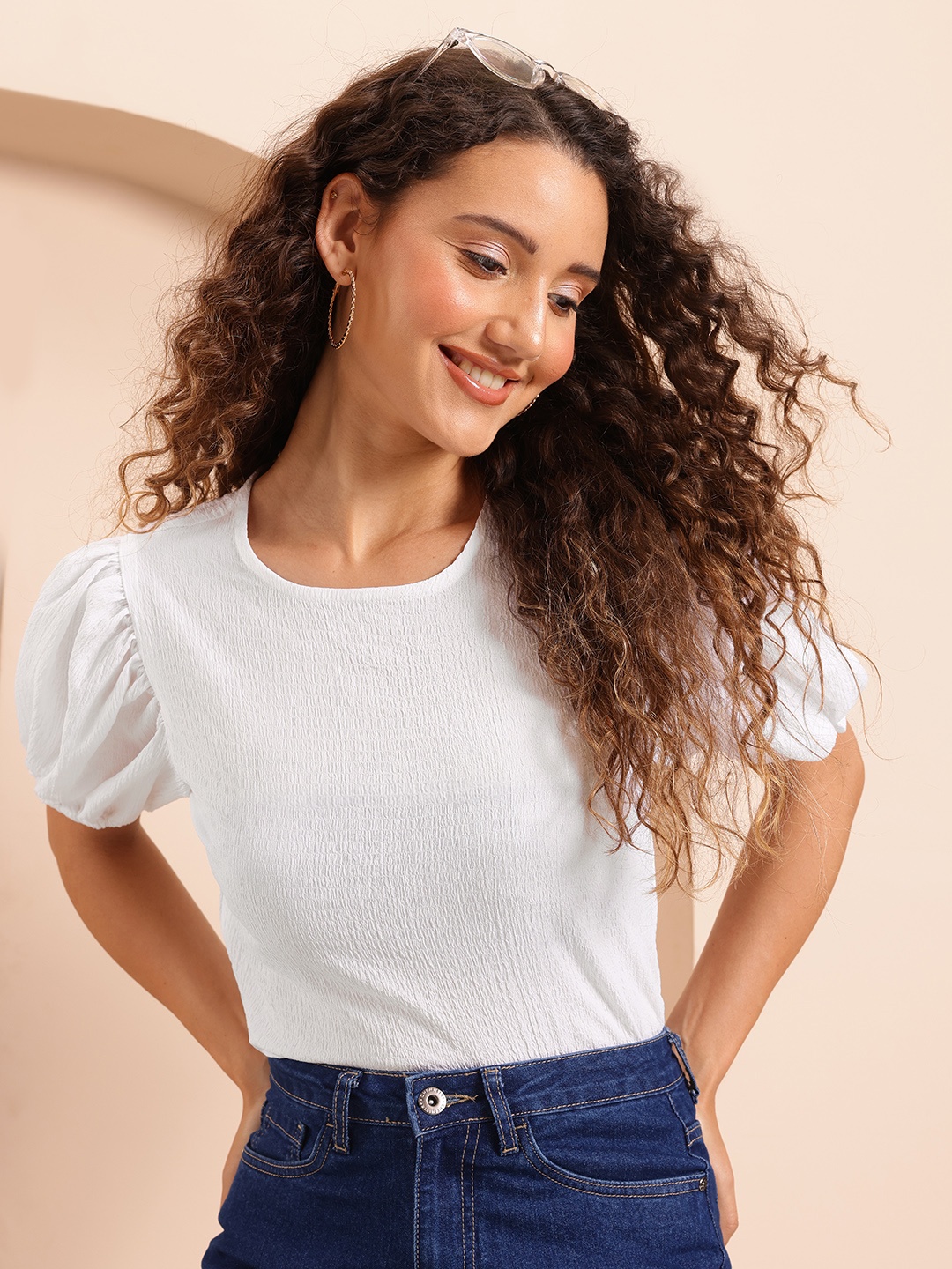 

Mast & Harbour Textured Puff Sleeve Top, White