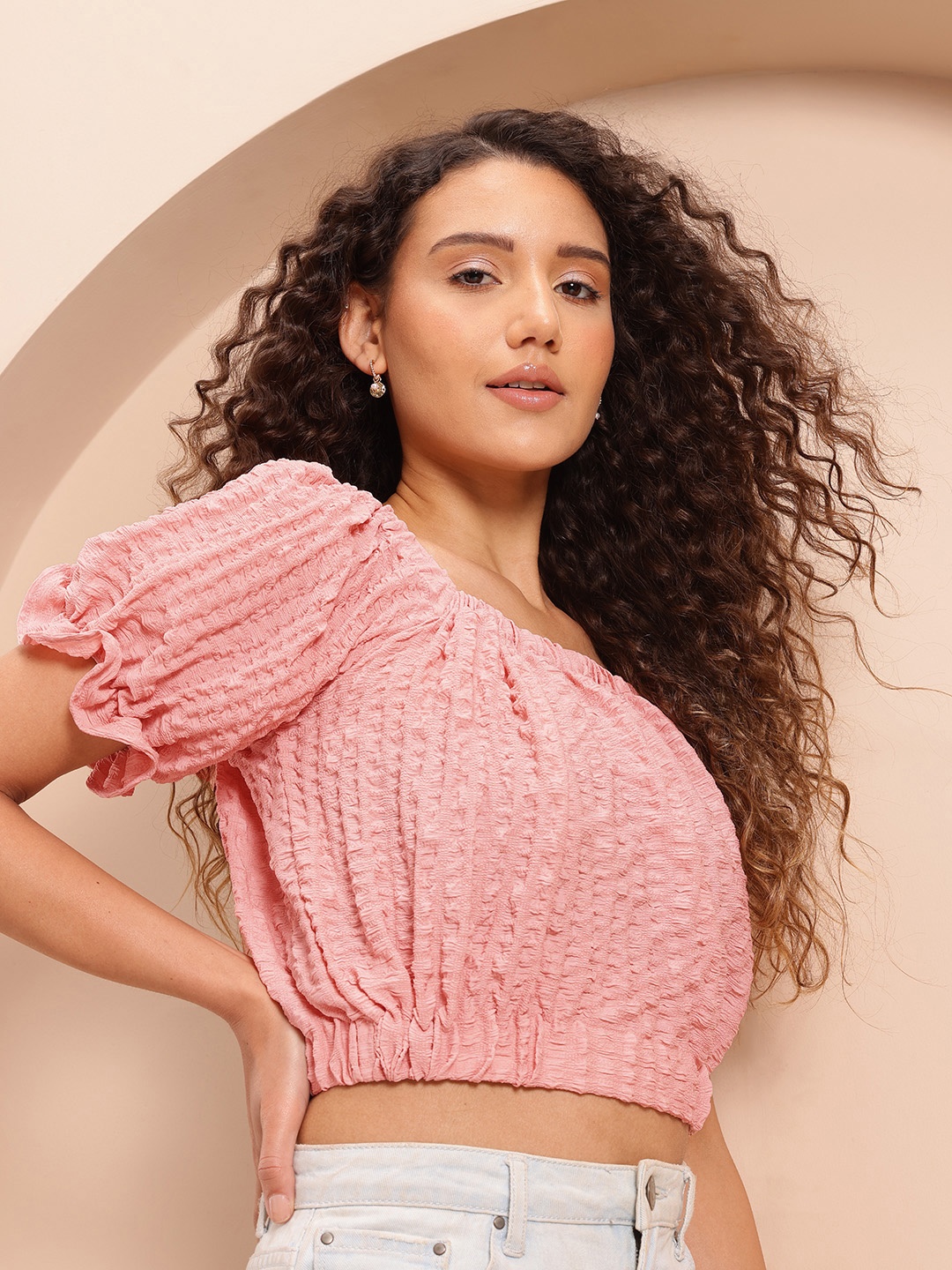 

Mast & Harbour Bubble Textured Blouson Crop Top, Rose