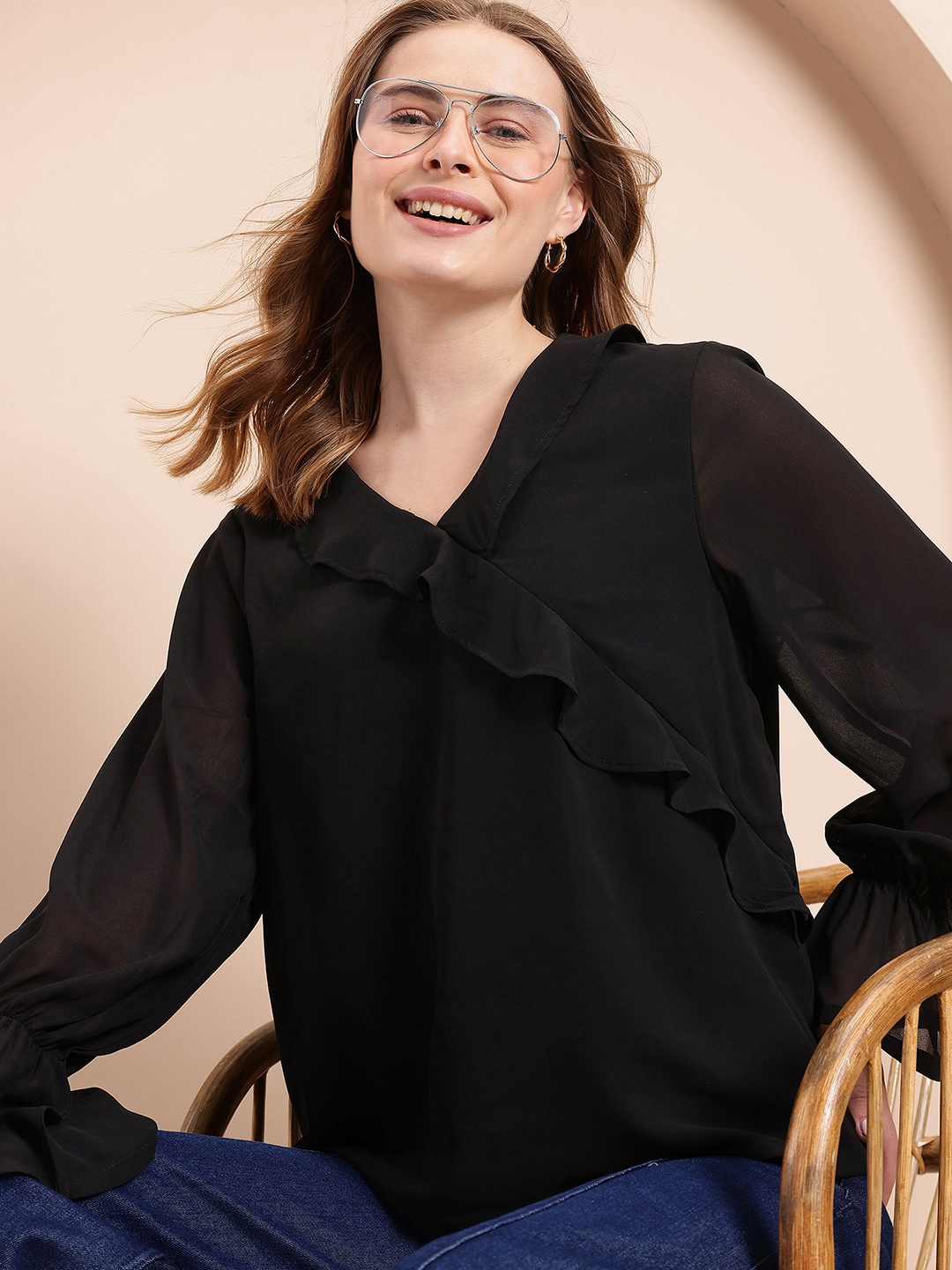 

Mast & Harbour Bell Sleeves Ruffles Top, Black