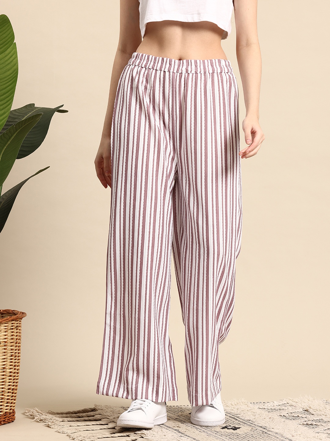 

Mast & Harbour Women Self-Striped Embroidered Detail Flared Trousers, White