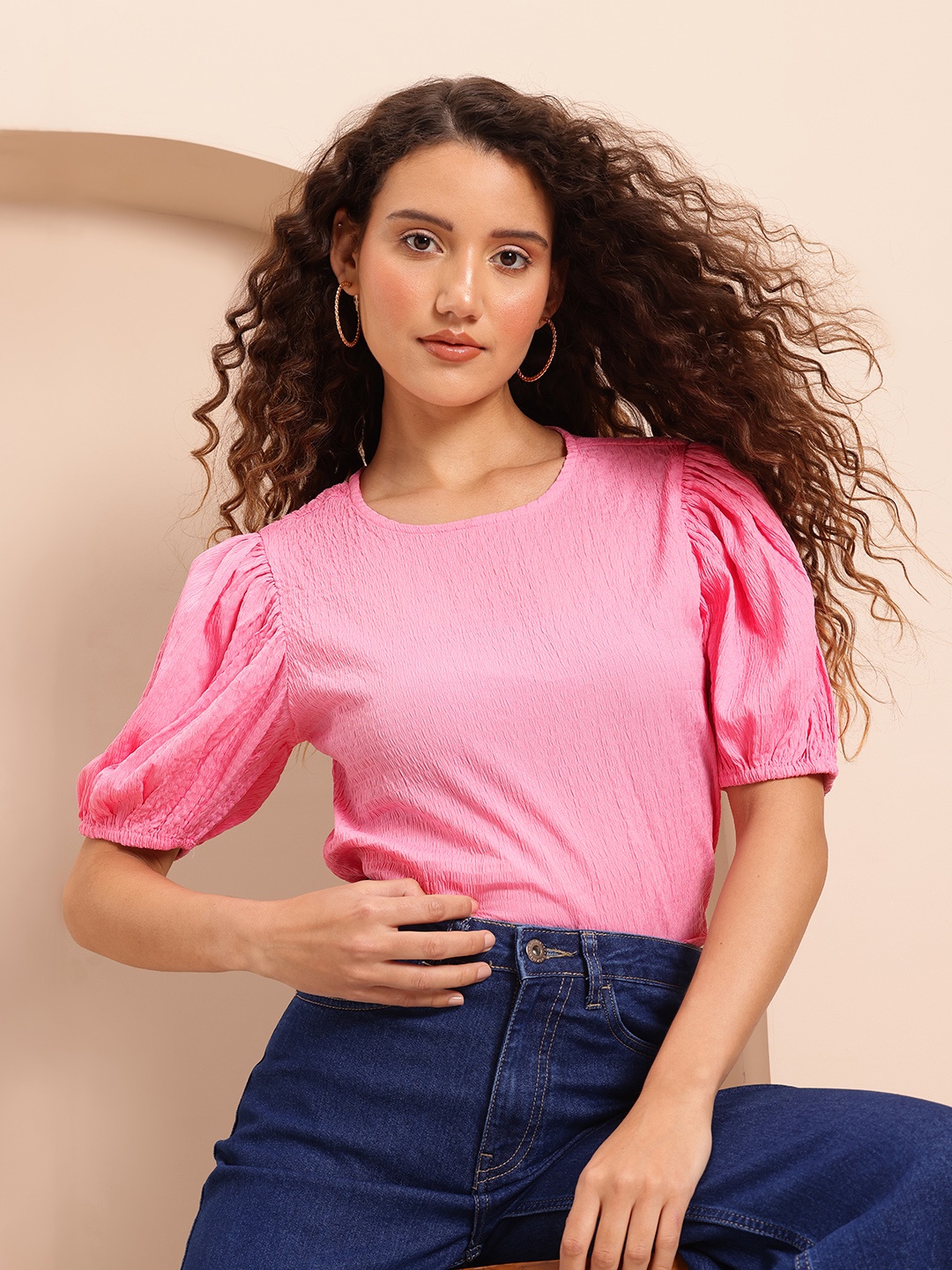 

Mast & Harbour Crinkle Effect Puff Sleeve Top, Pink