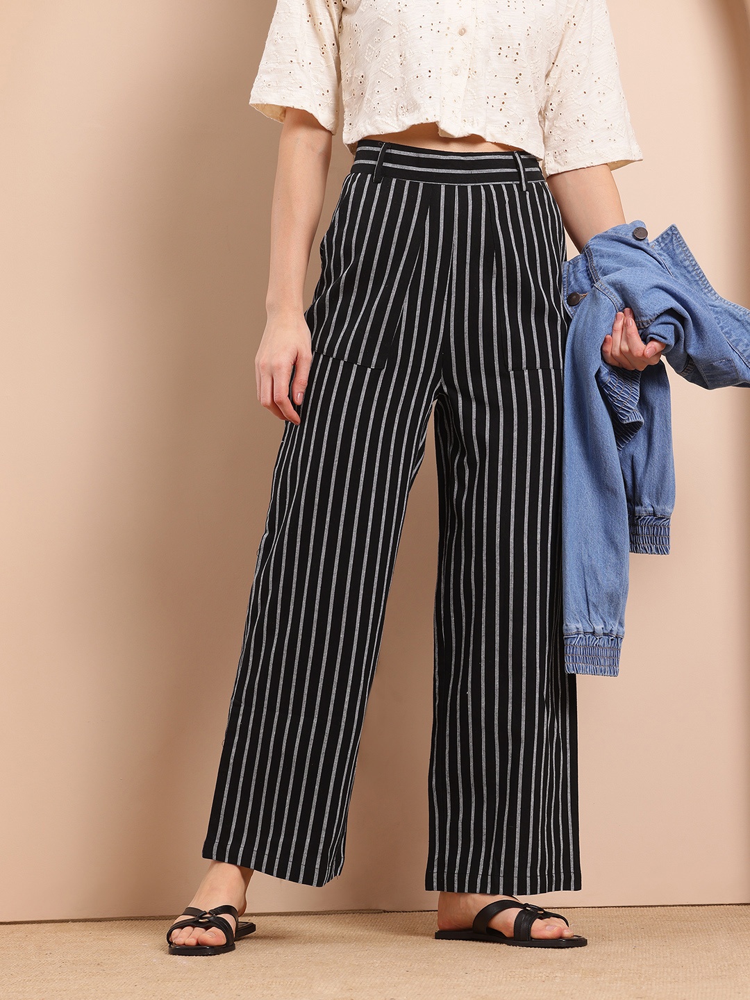 

Mast & Harbour Women Striped Trousers, Black